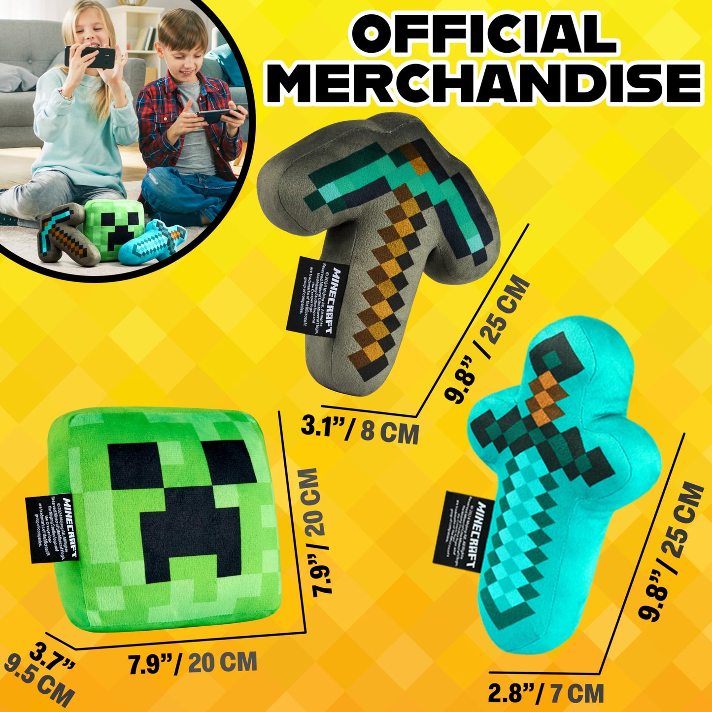 Minecraft Plush Figure Set – 3-Pack Creeper, Sword & Axe Plush Toys (Official Merchandise)