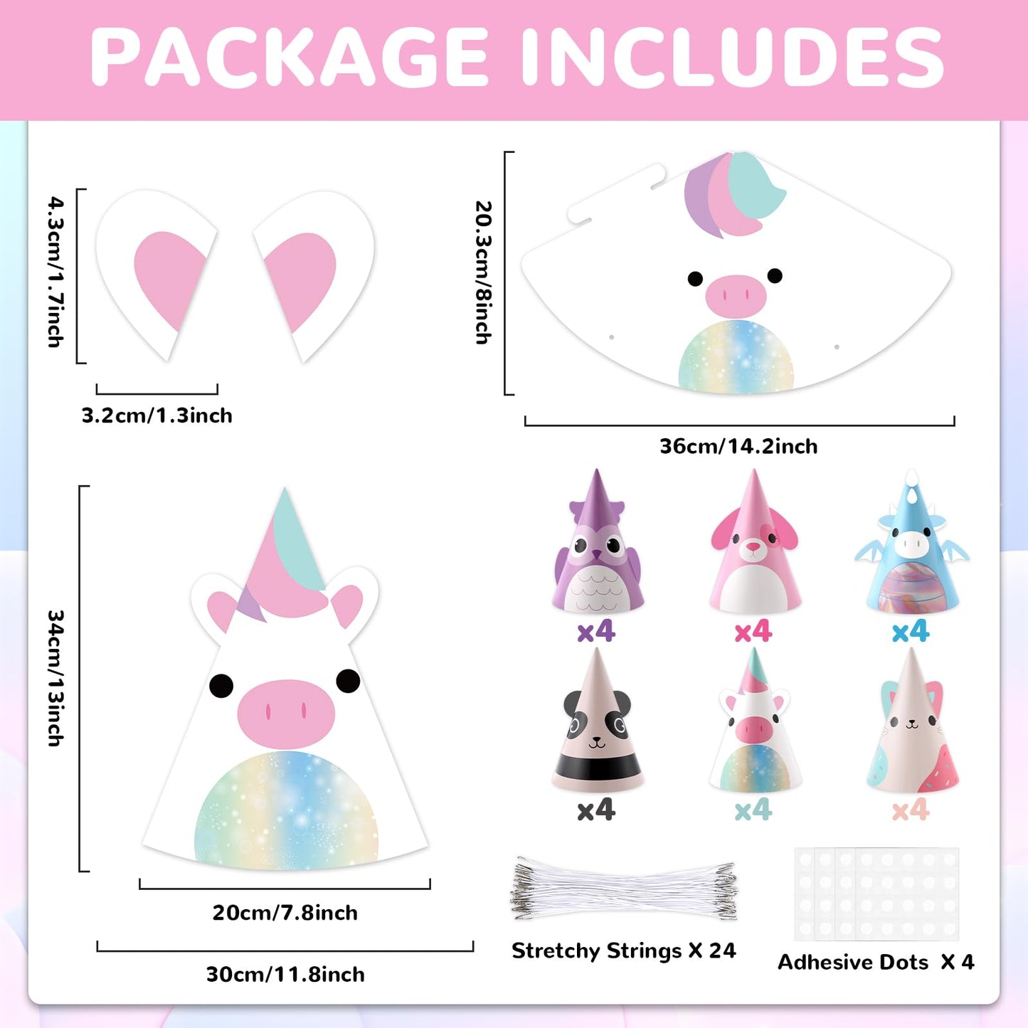 MinFyberd 24 Pcs Cute Animal Party Hats – Kawaii Cone Crowns for Kids & Adults