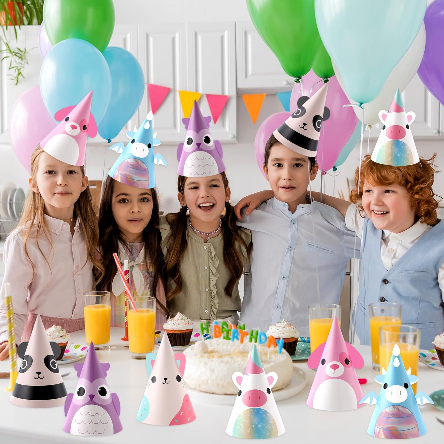MinFyberd 24 Pcs Cute Animal Party Hats – Kawaii Cone Crowns for Kids & Adults