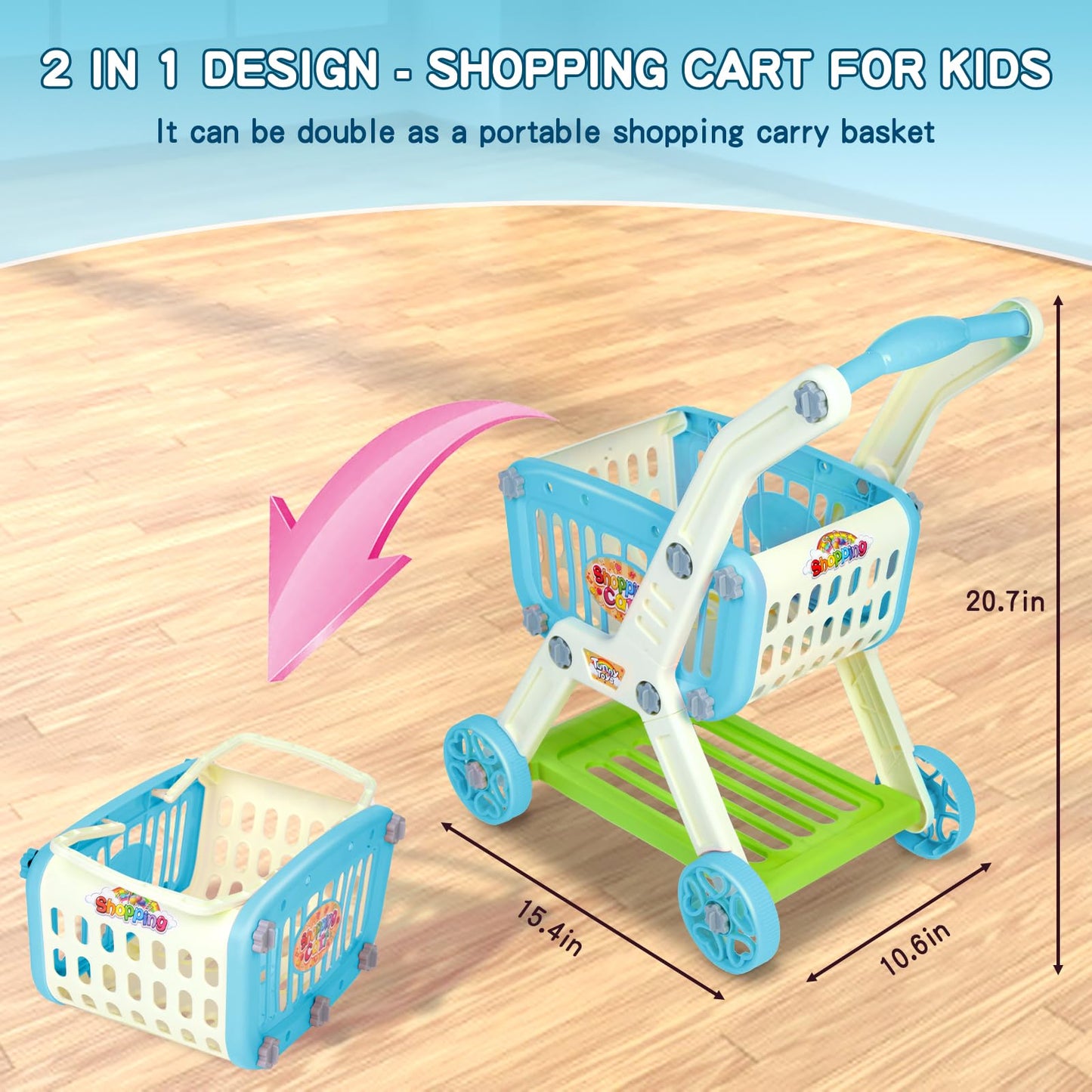 Ming You Kids Shopping Cart 2-in-1 with 72-Piece Play Food & Accessories – Blue