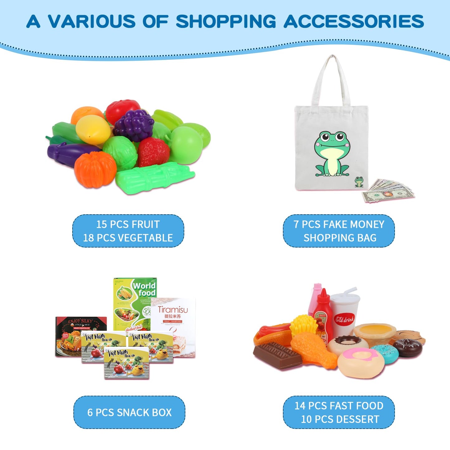 Ming You Kids Shopping Cart 2-in-1 with 72-Piece Play Food & Accessories – Blue