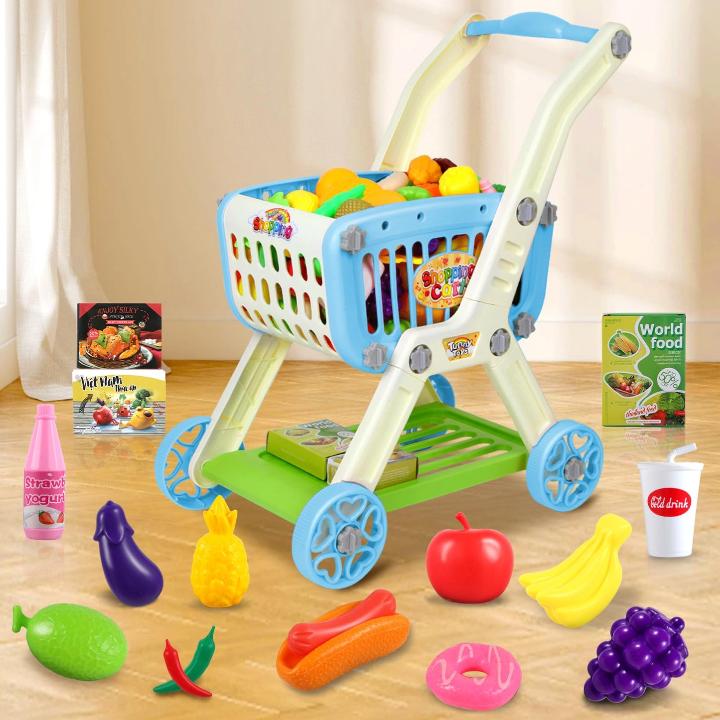 Ming You Kids Shopping Cart 2-in-1 with 72-Piece Play Food & Accessories – Blue