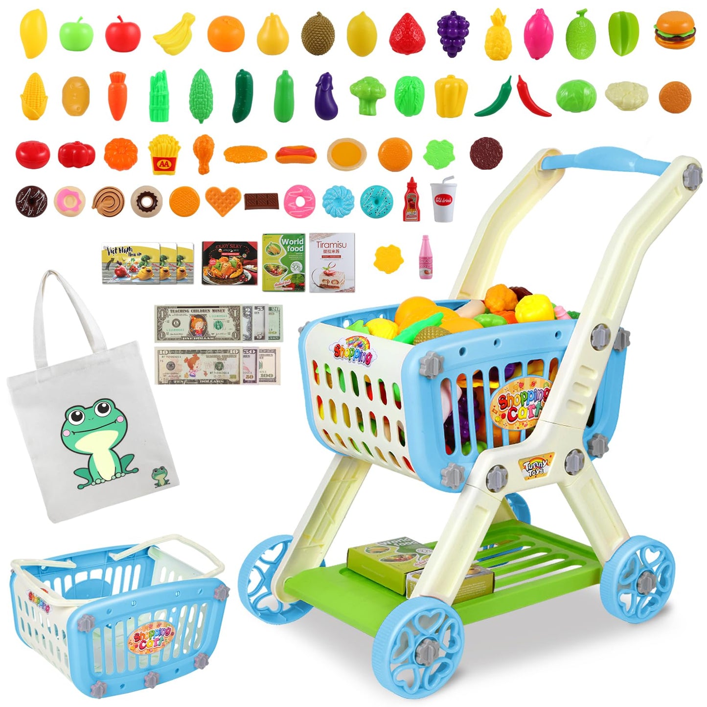 Ming You Kids Shopping Cart 2-in-1 with 72-Piece Play Food & Accessories – Blue