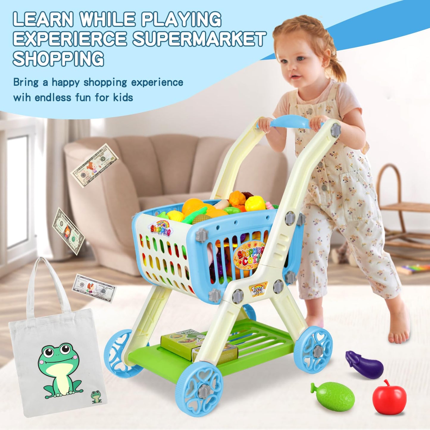 Ming You Kids Shopping Cart 2-in-1 with 72-Piece Play Food & Accessories – Blue