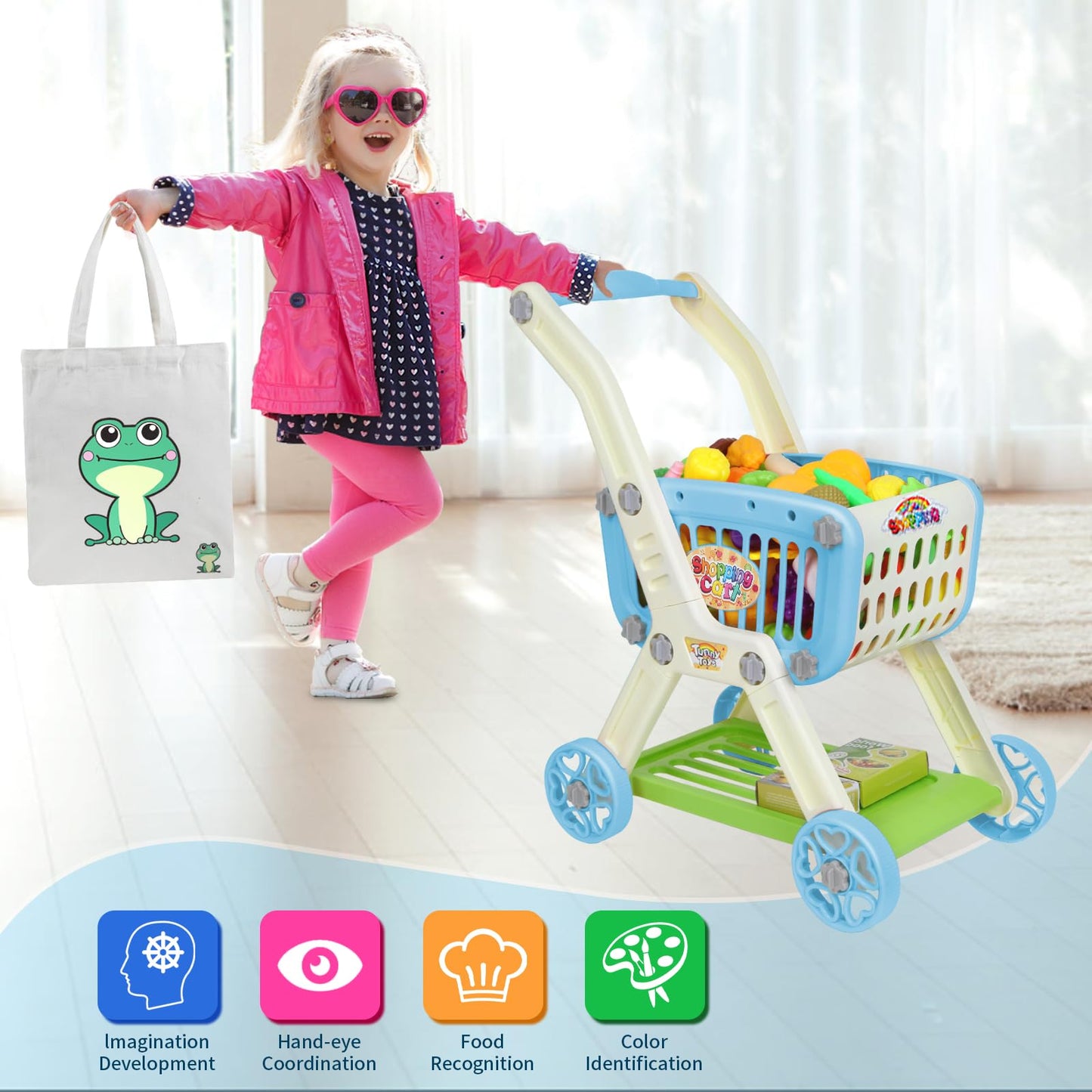 Ming You Kids Shopping Cart 2-in-1 with 72-Piece Play Food & Accessories – Blue