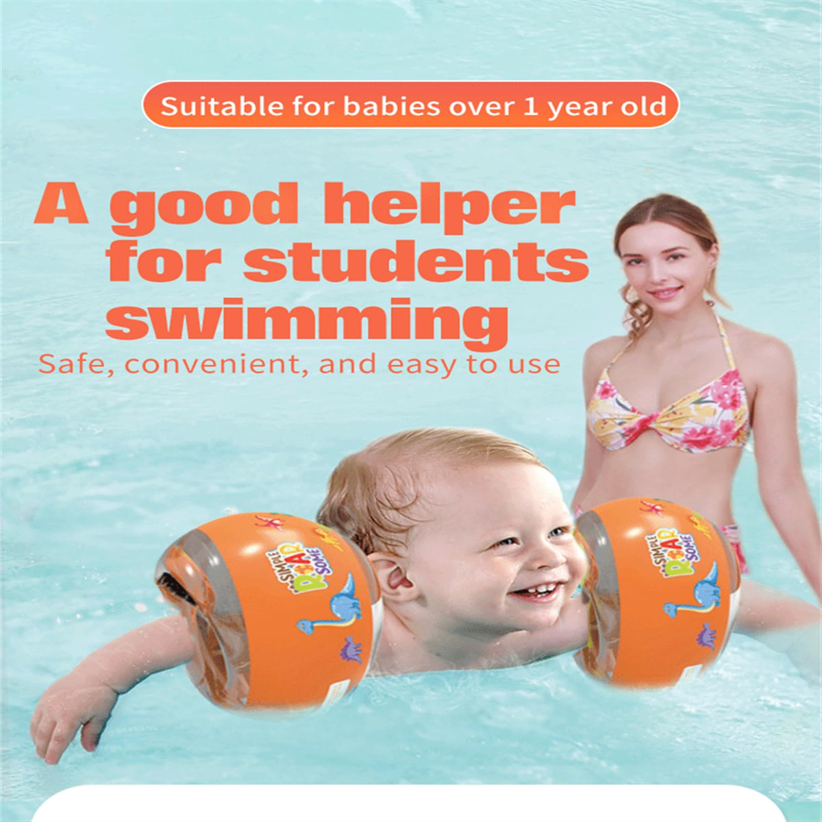 Mini-Dreams Swim Armbands for Kids 1-14 yrs — 3 Airbags, Shark & Dinosaur Design, Orange