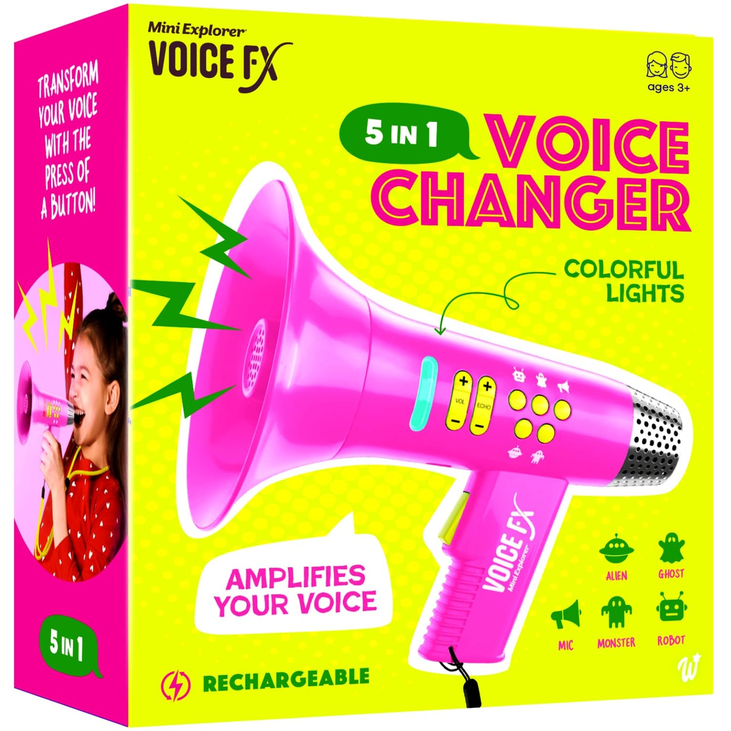 Mini Explorer Voice Changer for Kids (Ages 3-8+) – 4 Modes, USB Rechargeable, LED Glow, Pink
