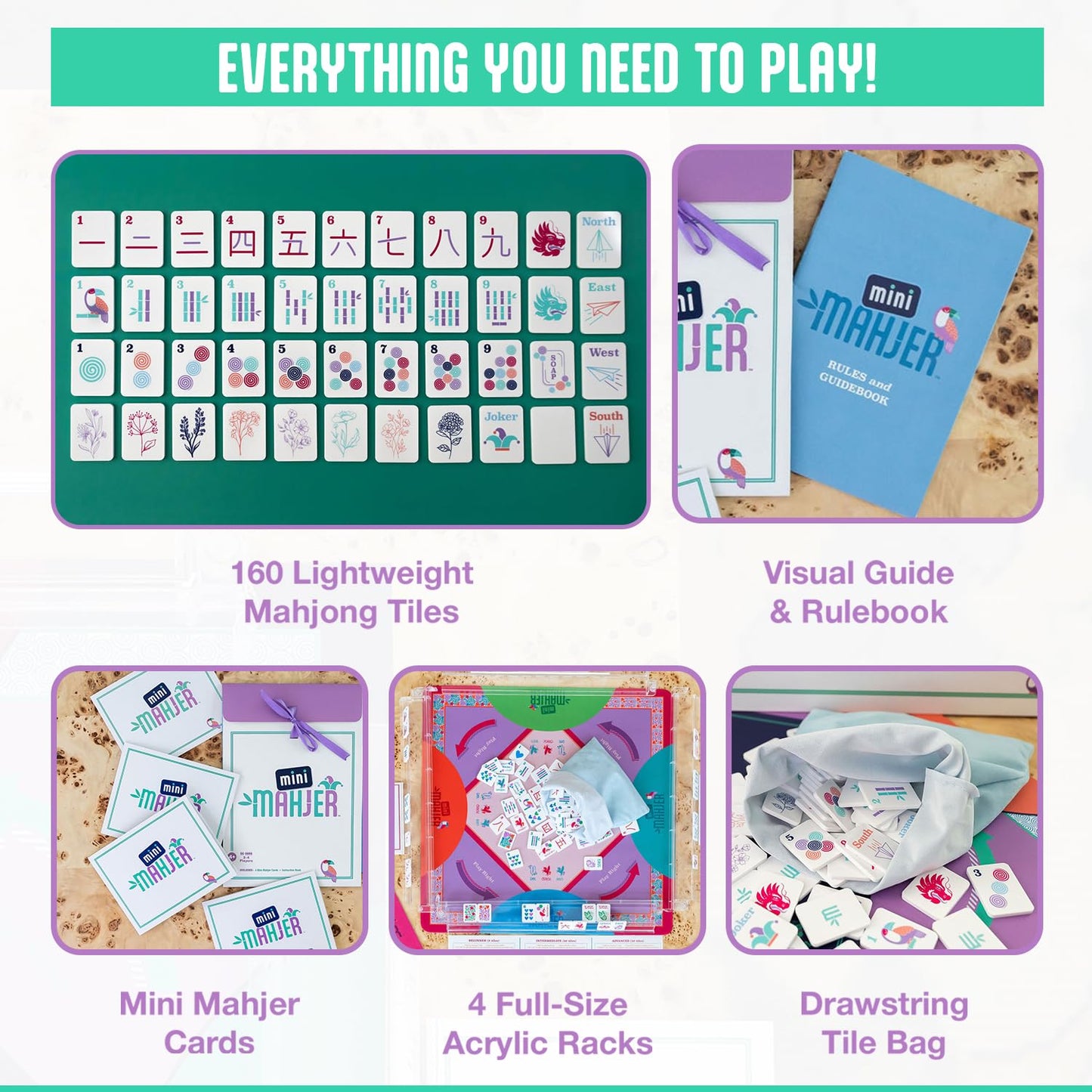 Mini Mahjer Mahjong for Kids & Families | Starter Set with Tiles, Racks & Guide | Ages 6+