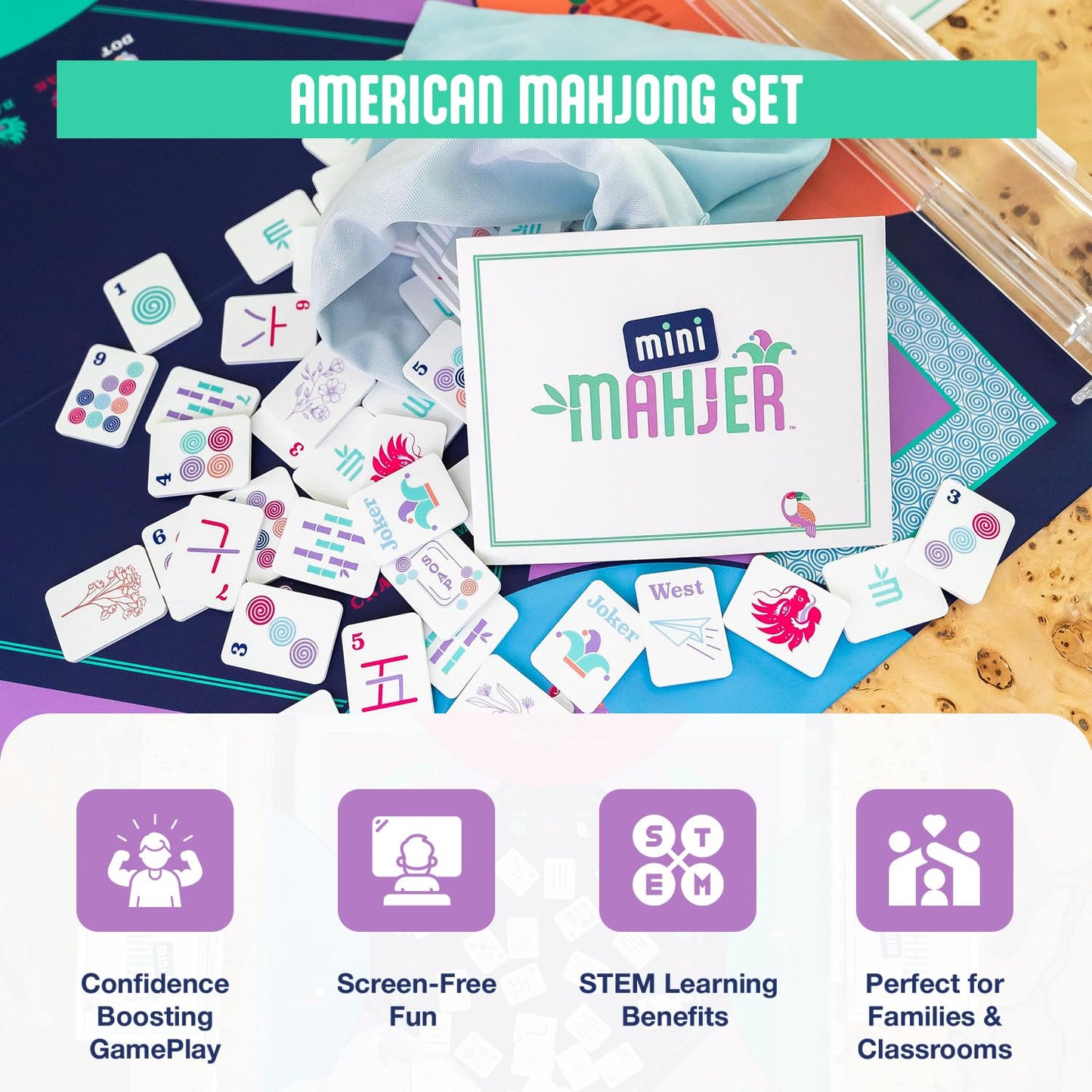 Mini Mahjer Mahjong for Kids & Families | Starter Set with Tiles, Racks & Guide | Ages 6+