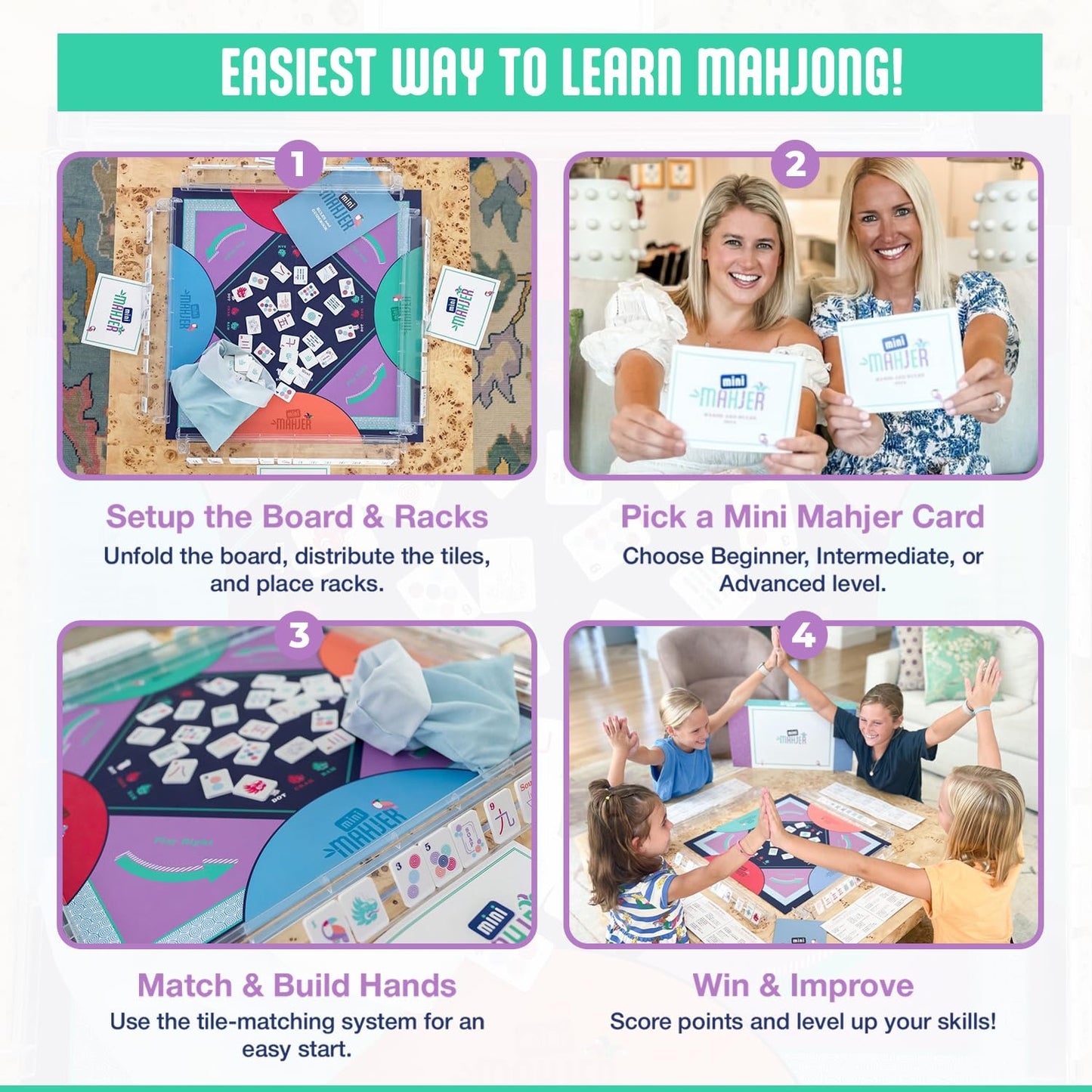 Mini Mahjer Mahjong for Kids & Families | Starter Set with Tiles, Racks & Guide | Ages 6+
