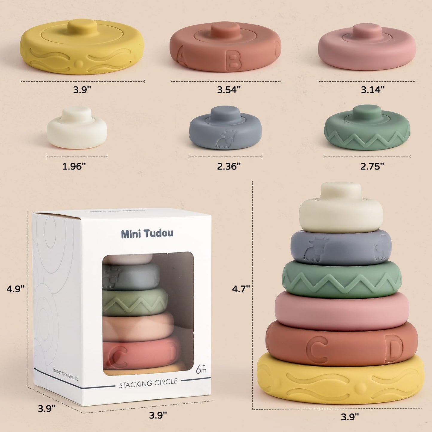 Mini Tudou 6-Piece Stacking & Nesting Circle Toy – Soft Rings Stacker & Teether (4.7 in)