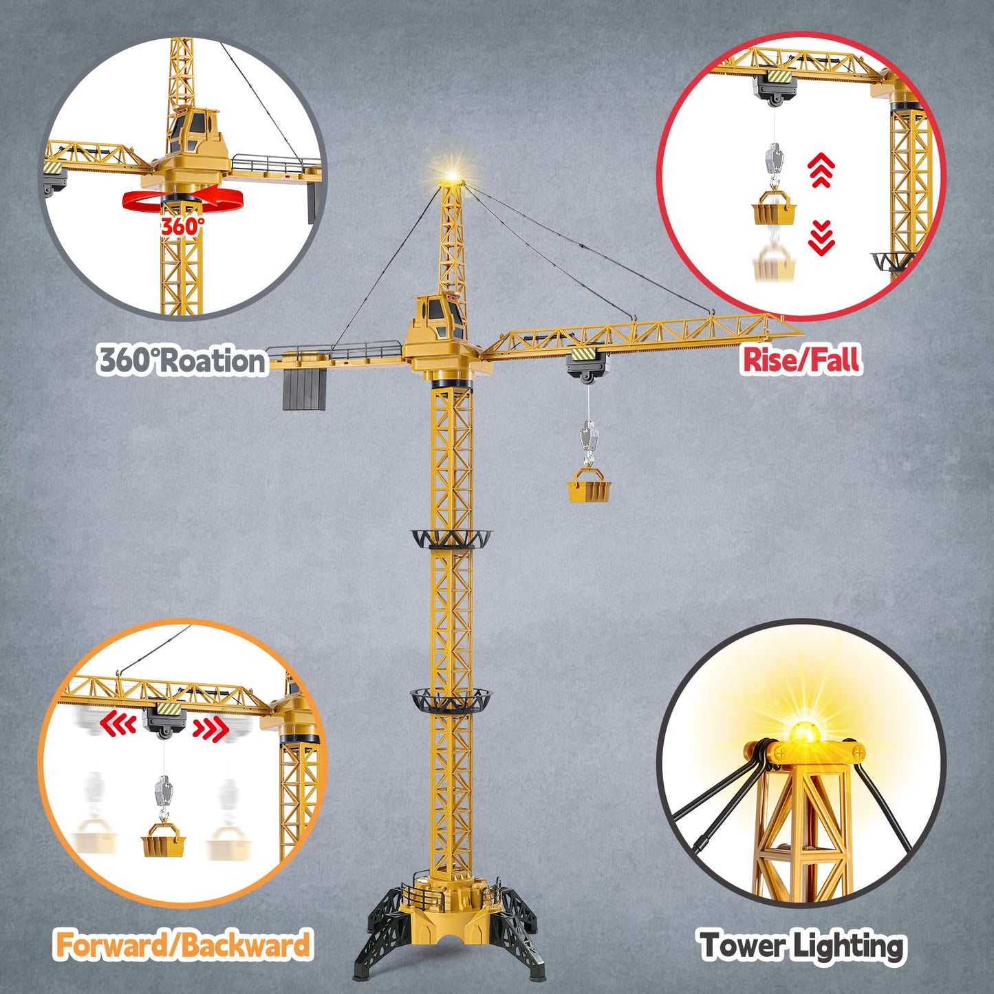 Mini Tudou 6-Channel Infinite Rotation RC Tower Crane Toy – 50.4in, Lights & Sound