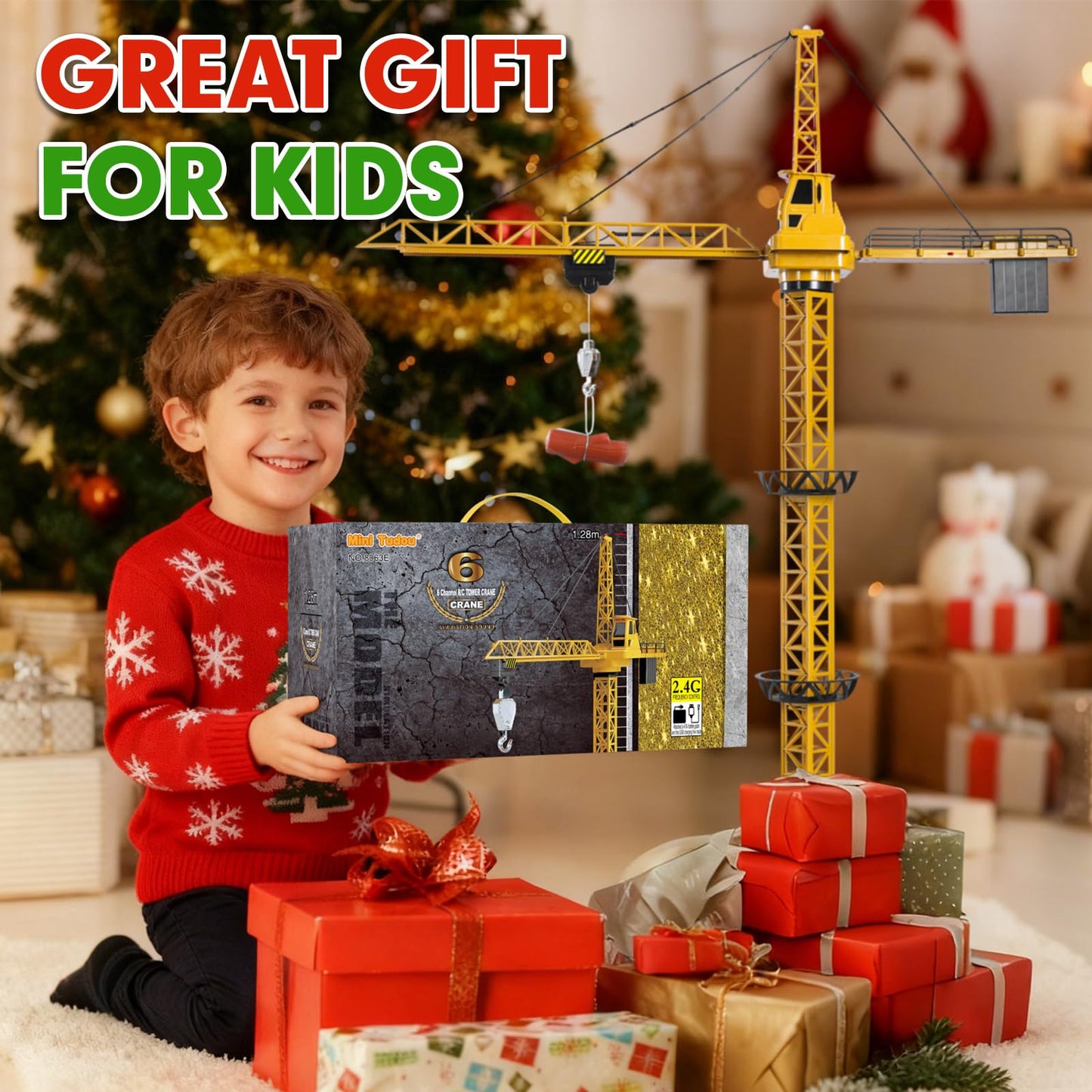 Mini Tudou 6-Channel Infinite Rotation RC Tower Crane Toy – 50.4in, Lights & Sound