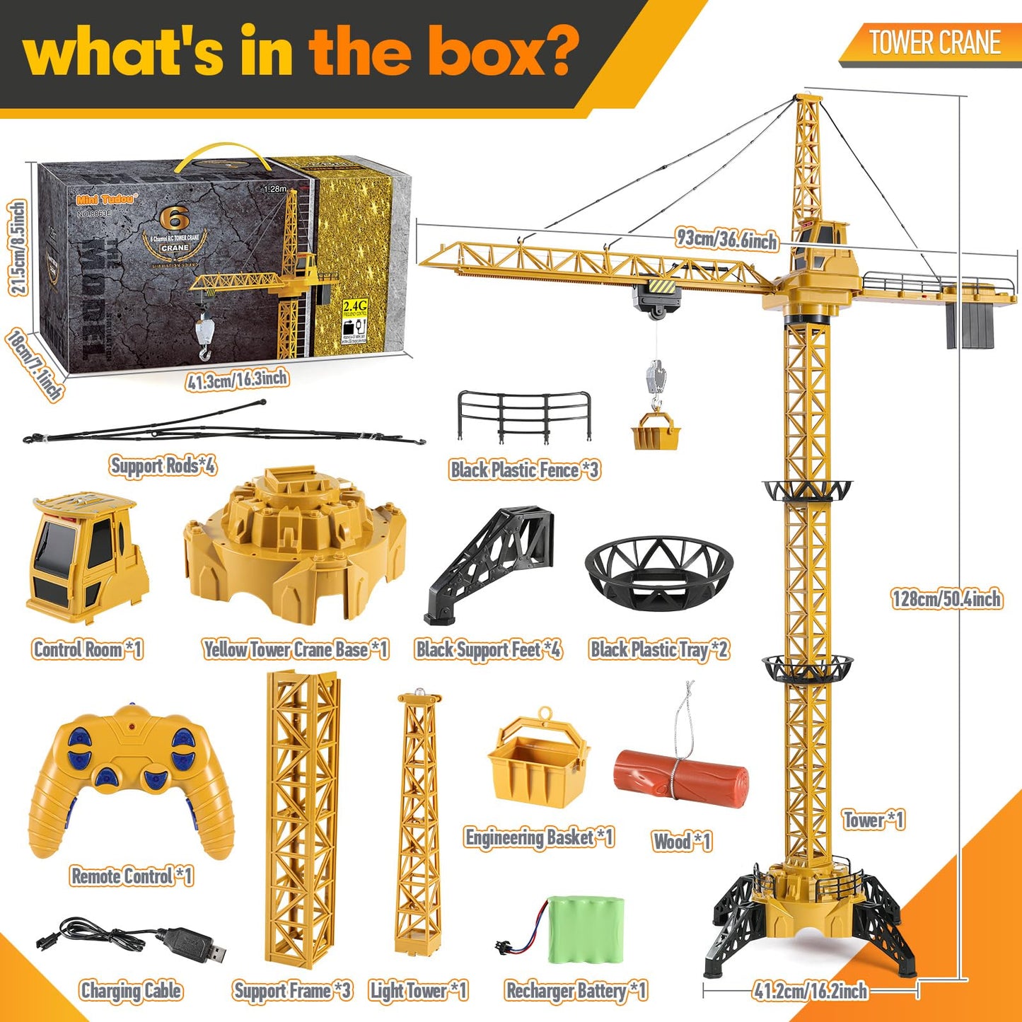 Mini Tudou 6-Channel Infinite Rotation RC Tower Crane Toy – 50.4in, Lights & Sound
