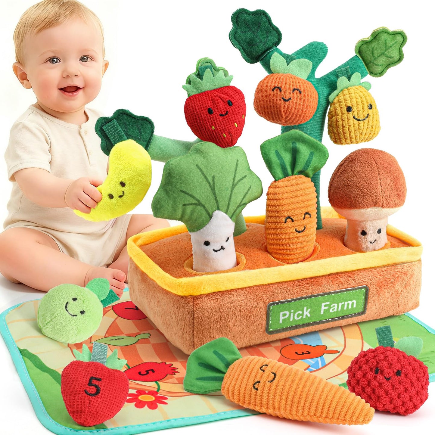 Mini Tudou 15-Piece Farm Fruit & Veggie Baby Toys — Sensory Plush Set