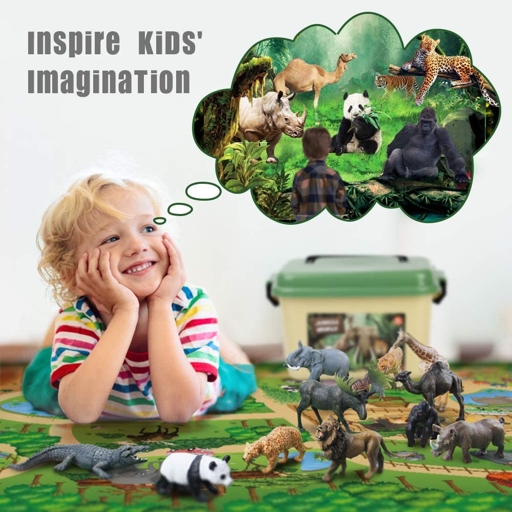 Mini Tudou 12-Piece Safari Animals Figures Set with Large 57x38.6-Inch Play Mat – Jumbo Jungle Zoo Toys