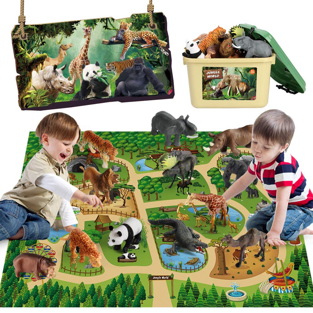 Mini Tudou 12-Piece Safari Animals Figures Set with Large 57x38.6-Inch Play Mat – Jumbo Jungle Zoo Toys