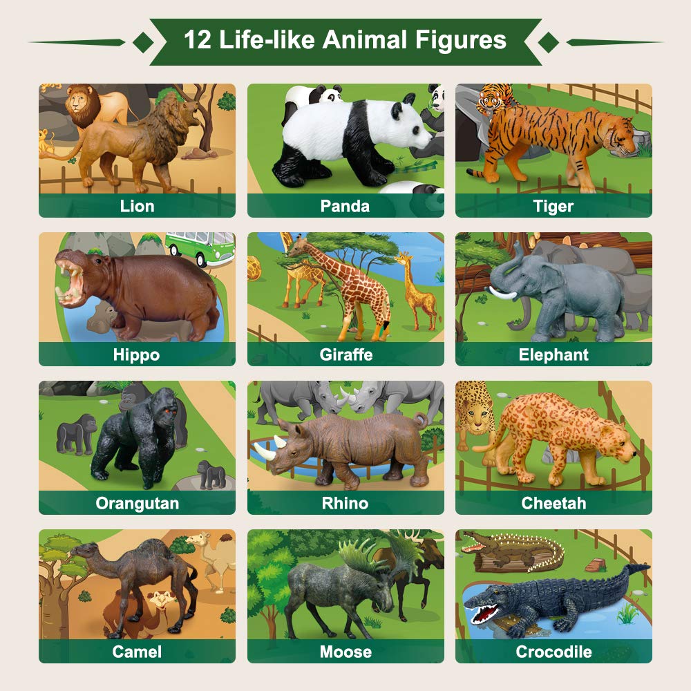 Mini Tudou 12-Piece Safari Animals Figures Set with Large 57x38.6-Inch Play Mat – Jumbo Jungle Zoo Toys