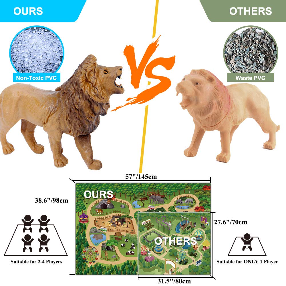 Mini Tudou 12-Piece Safari Animals Figures Set with Large 57x38.6-Inch Play Mat – Jumbo Jungle Zoo Toys