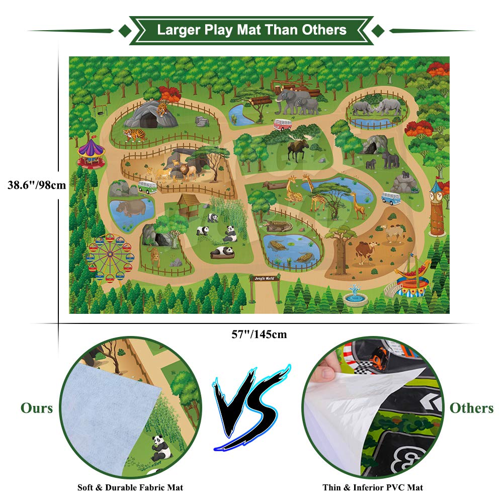 Mini Tudou 12-Piece Safari Animals Figures Set with Large 57x38.6-Inch Play Mat – Jumbo Jungle Zoo Toys
