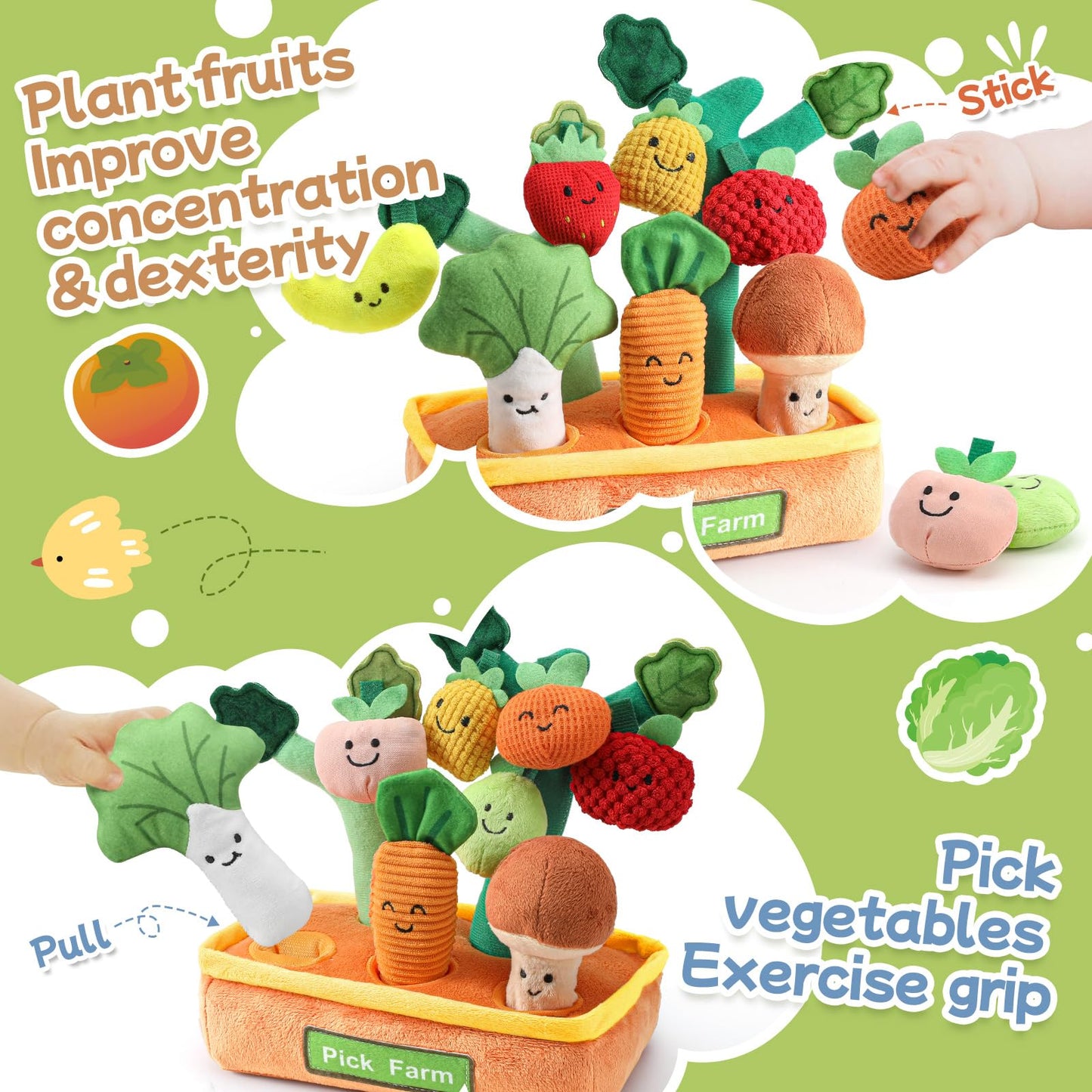 Mini Tudou 15-Piece Farm Fruit & Veggie Baby Toys — Sensory Plush Set
