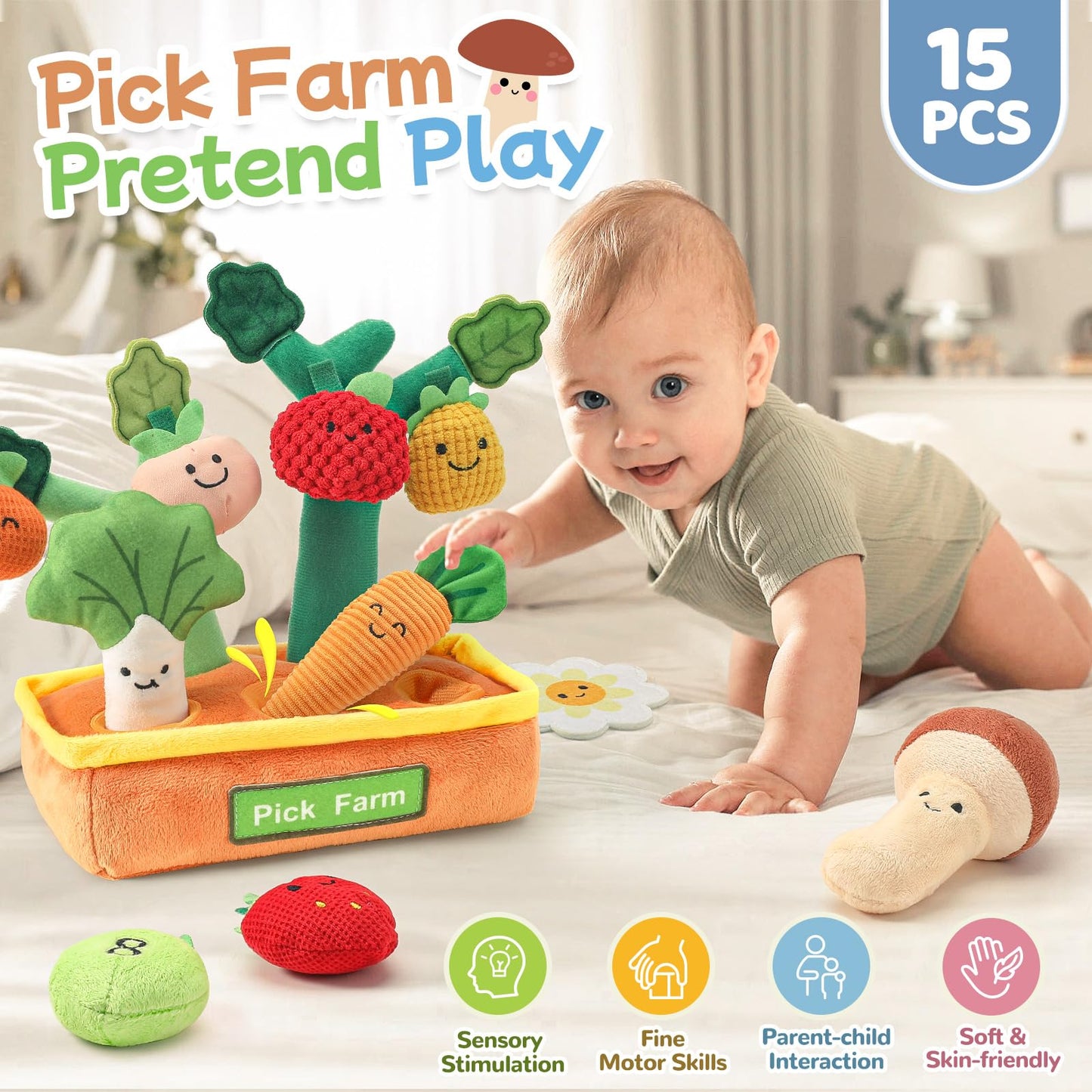 Mini Tudou 15-Piece Farm Fruit & Veggie Baby Toys — Sensory Plush Set