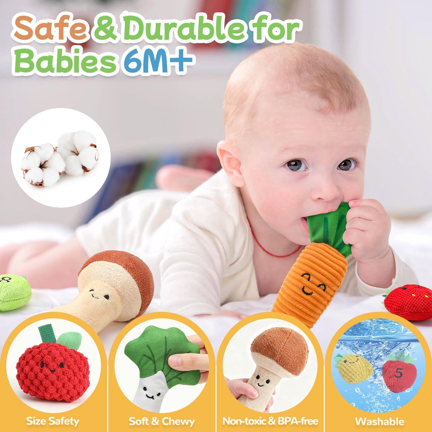 Mini Tudou 15-Piece Farm Fruit & Veggie Baby Toys — Sensory Plush Set