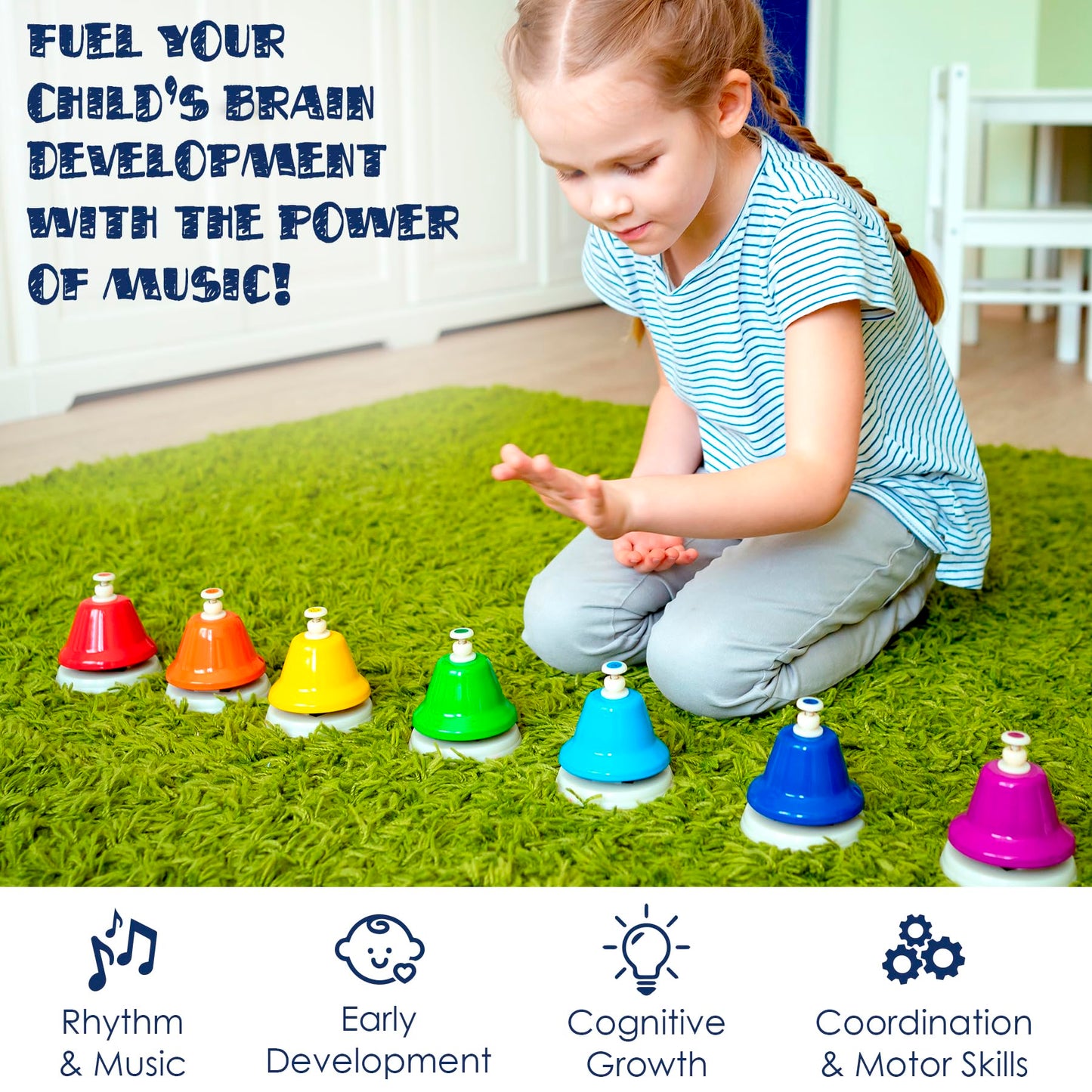 MINIARTIS Desk Bells for Kids - 8-Note Colorful Hand Bells + 15 Songbook | Educational Musical Toy