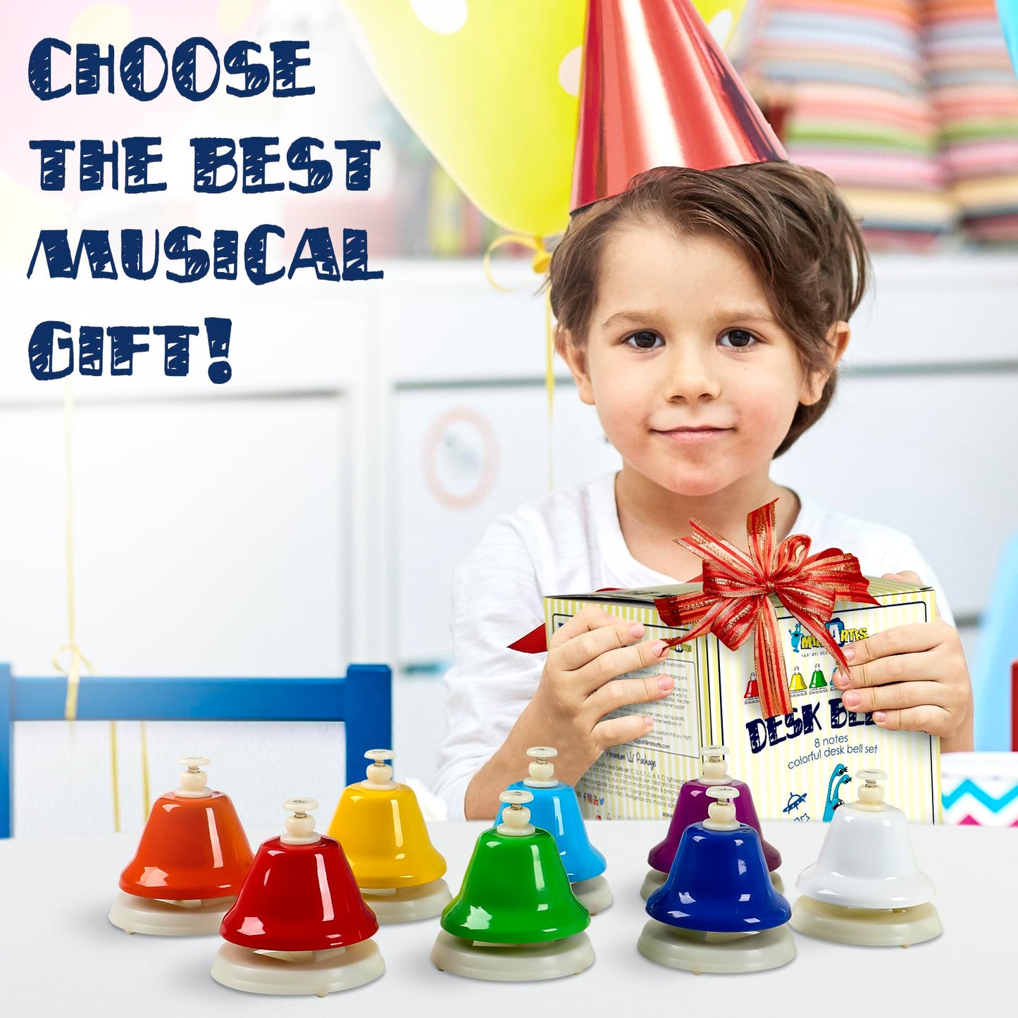 MINIARTIS Desk Bells for Kids - 8-Note Colorful Hand Bells + 15 Songbook | Educational Musical Toy
