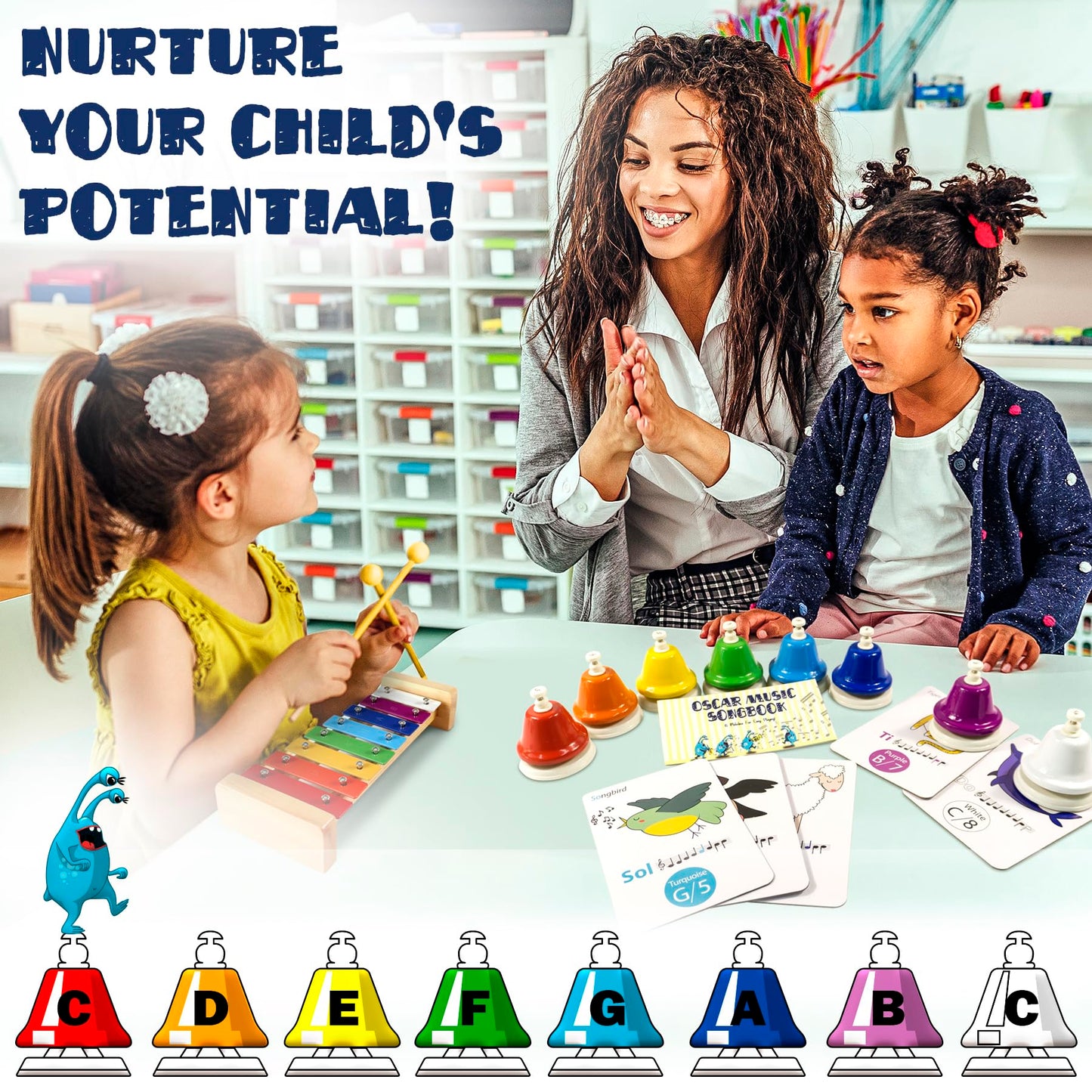MINIARTIS Desk Bells for Kids - 8-Note Colorful Hand Bells + 15 Songbook | Educational Musical Toy