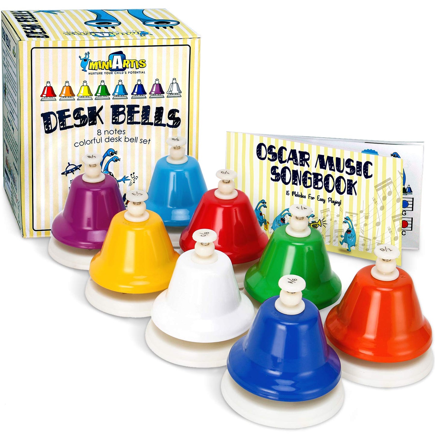 MINIARTIS Desk Bells for Kids - 8-Note Colorful Hand Bells + 15 Songbook | Educational Musical Toy