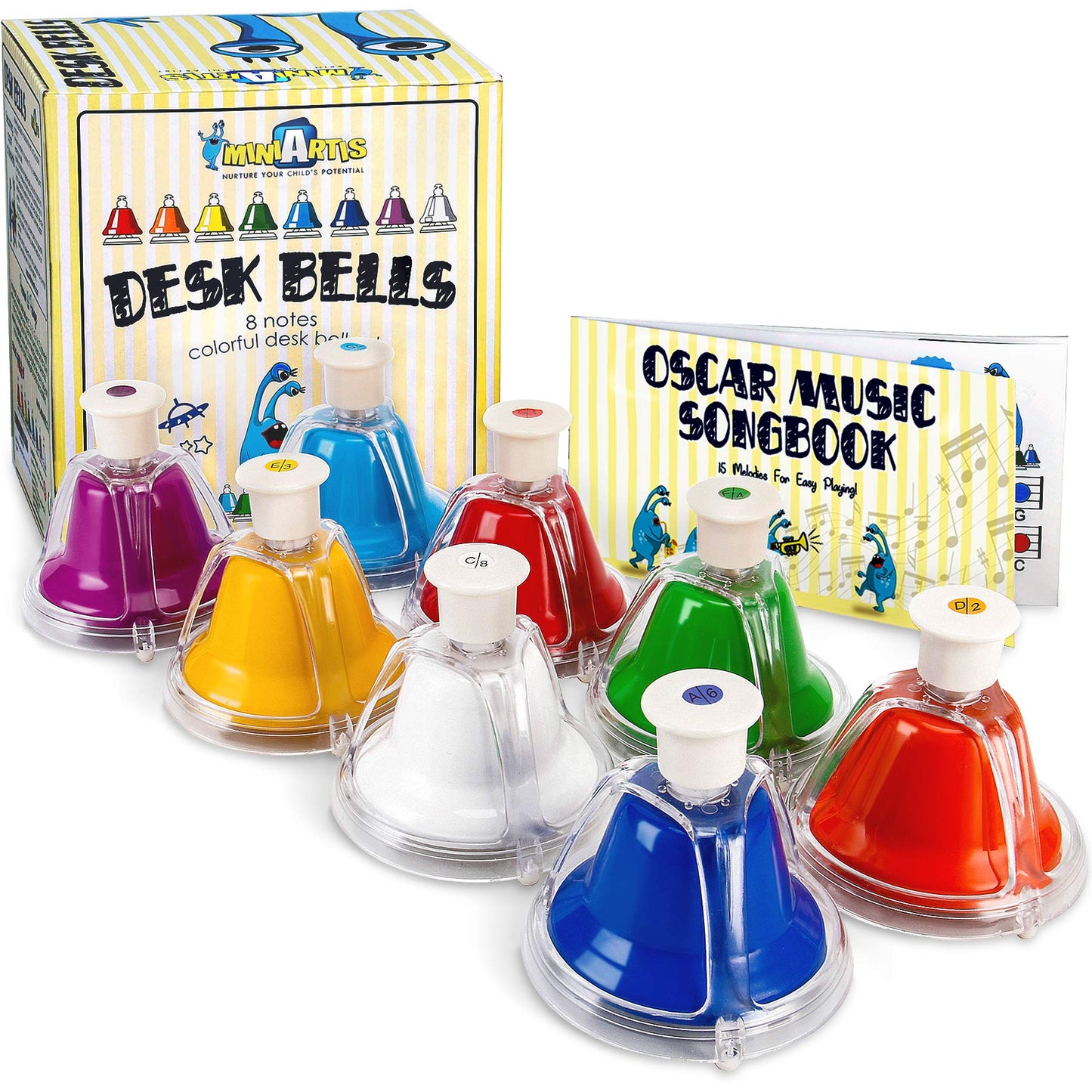MINIARTIS Desk Bells for Kids | 8-Note Colorful Musical Toys with 15-Song Songbook