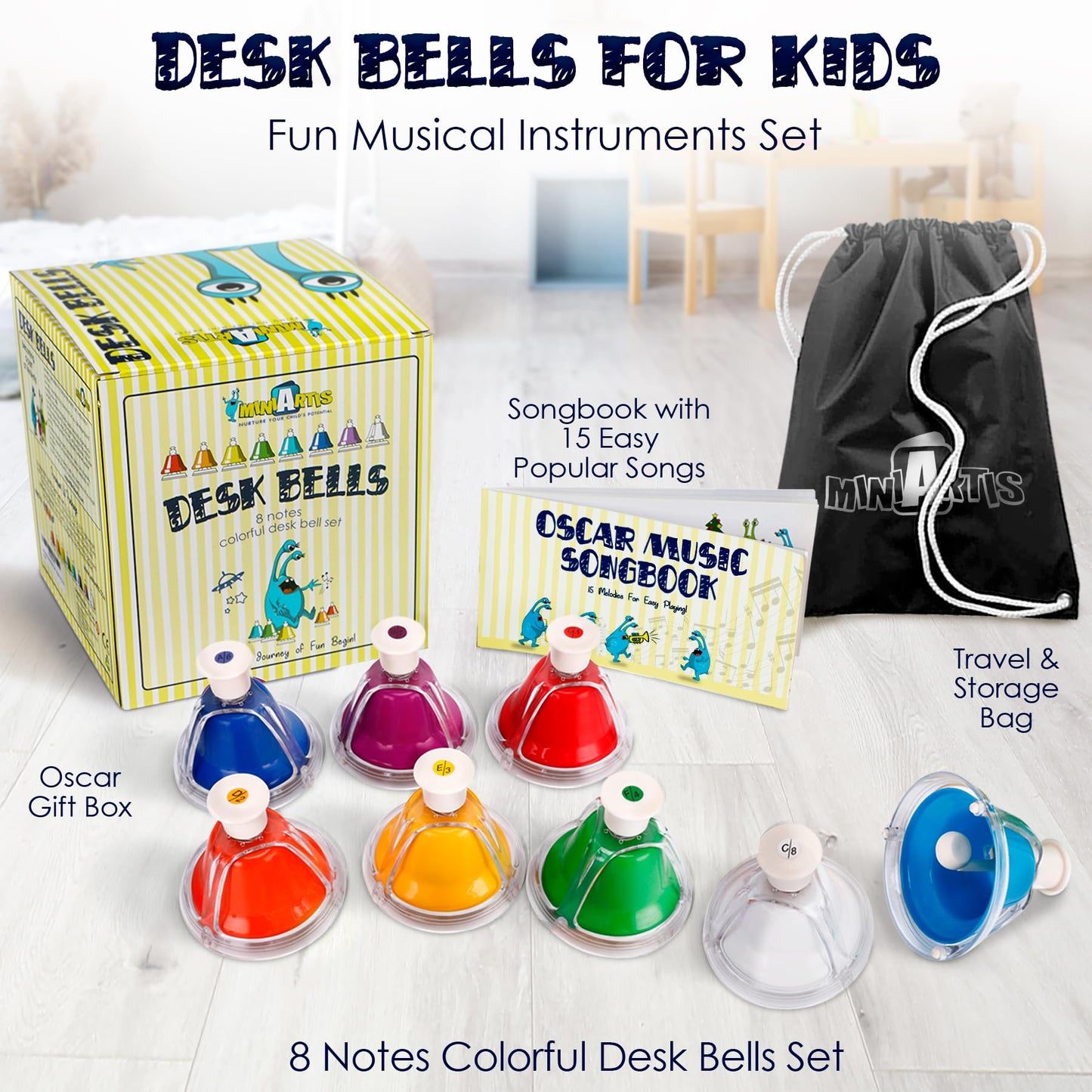 MINIARTIS Desk Bells for Kids | 8-Note Colorful Musical Toys with 15-Song Songbook