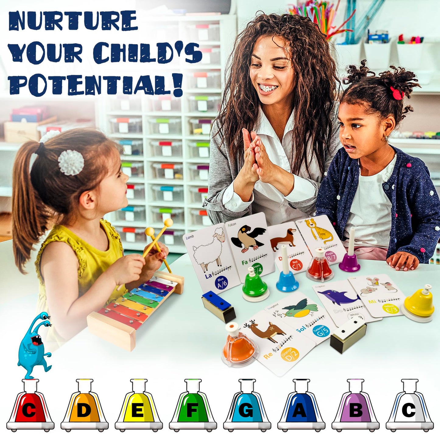 MINIARTIS Desk Bells for Kids | 8-Note Colorful Musical Toys with 15-Song Songbook