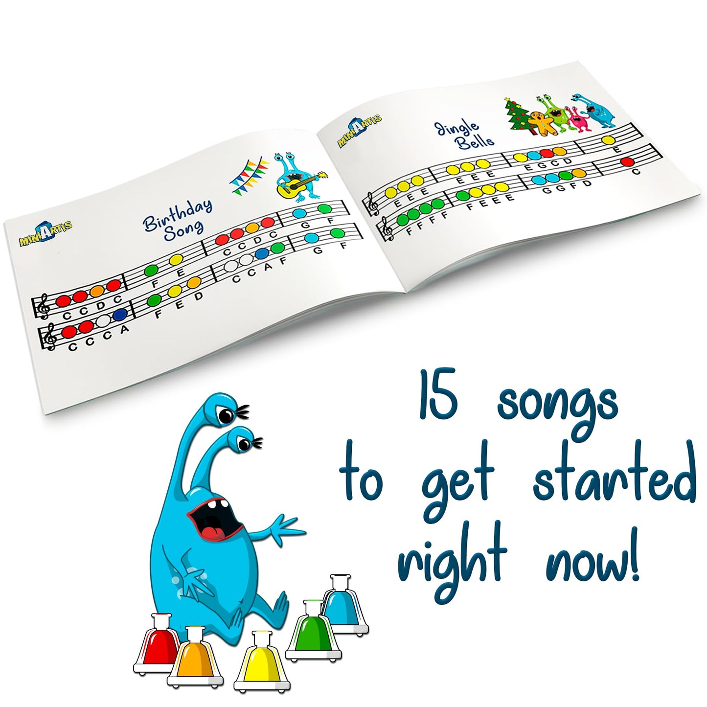MINIARTIS Desk Bells for Kids | 8-Note Colorful Musical Toys with 15-Song Songbook