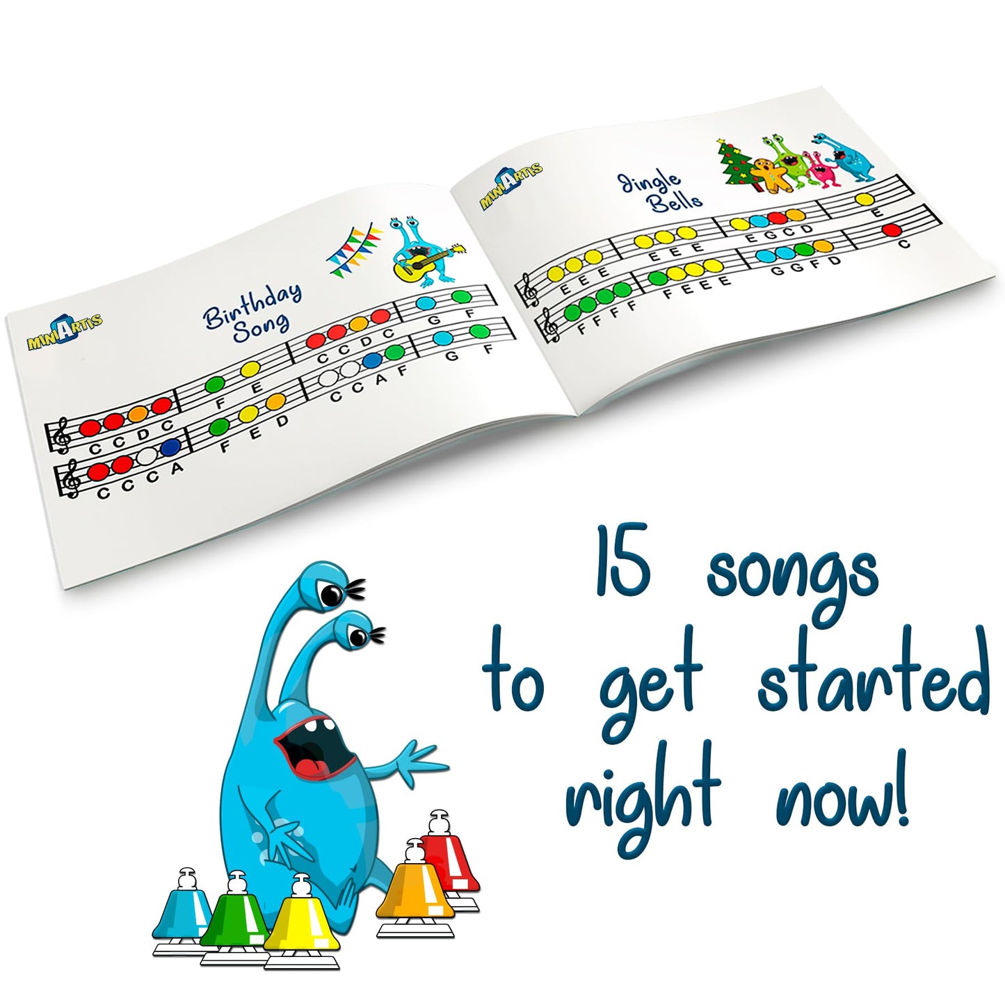 MINIARTIS Desk Bells for Kids - 8-Note Colorful Hand Bells + 15 Songbook | Educational Musical Toy