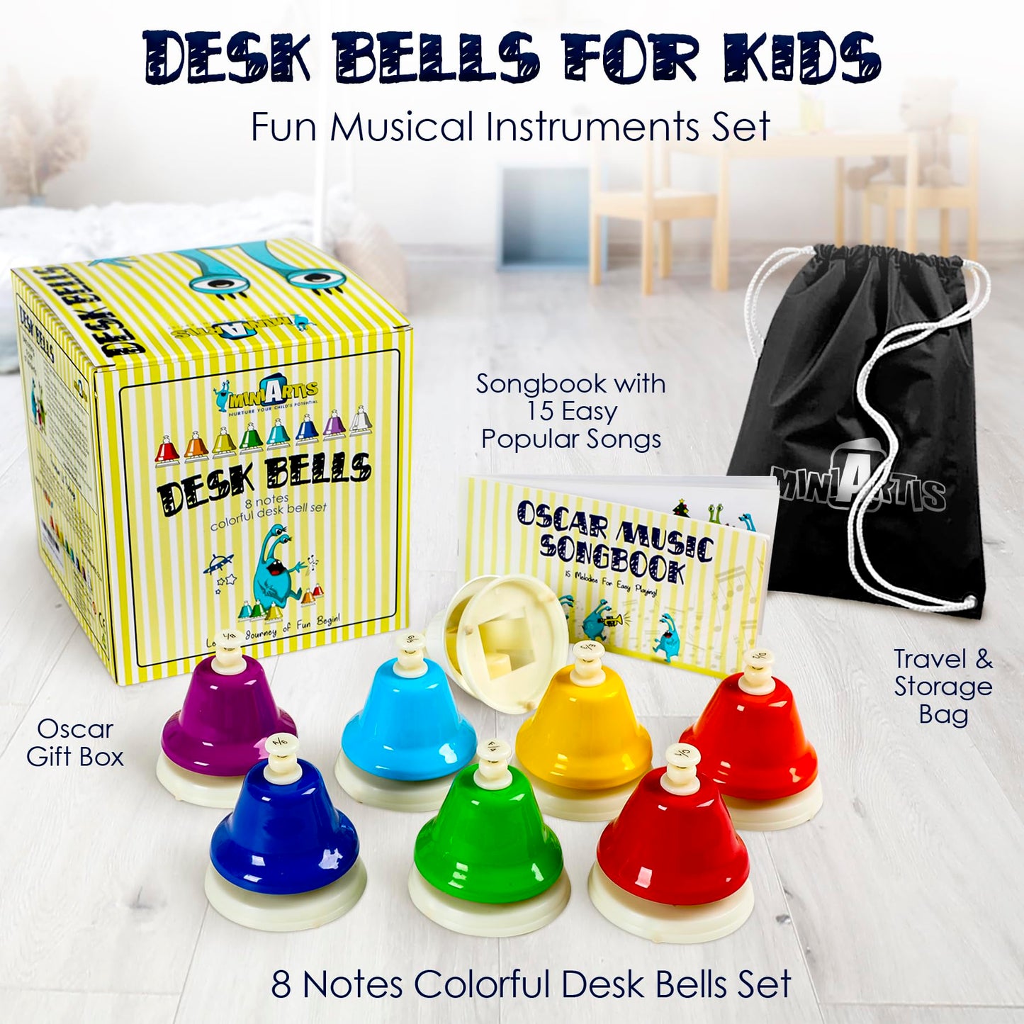 MINIARTIS Desk Bells for Kids - 8-Note Colorful Hand Bells + 15 Songbook | Educational Musical Toy