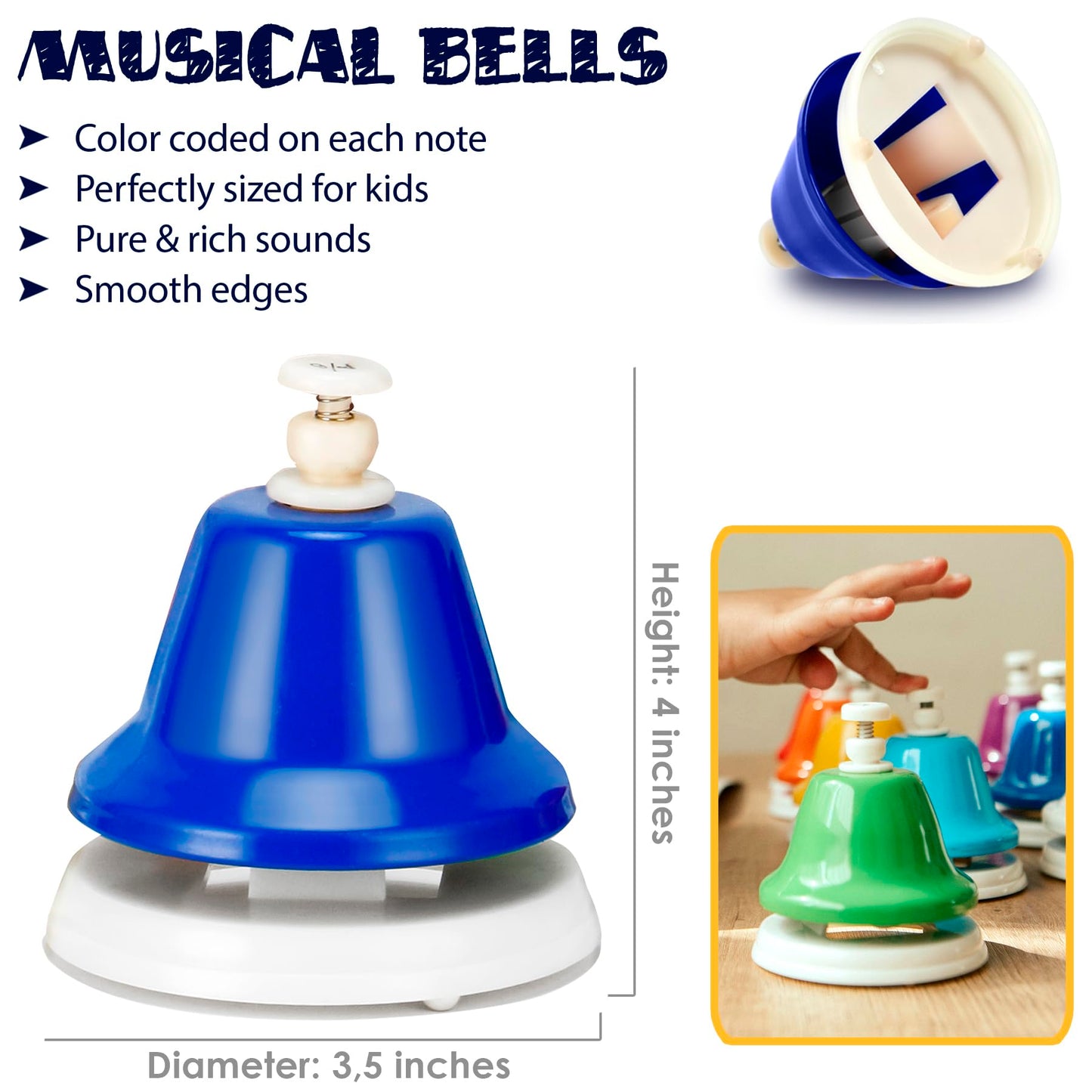 MINIARTIS Desk Bells for Kids - 8-Note Colorful Hand Bells + 15 Songbook | Educational Musical Toy