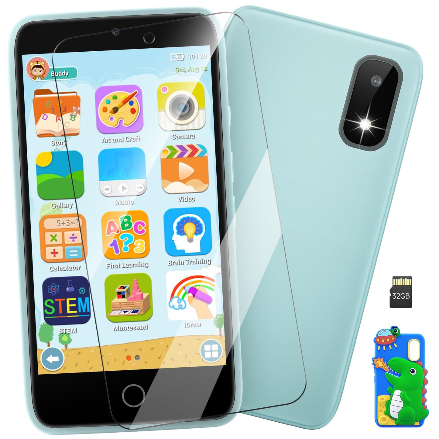 MINIBEAR Kids Smartphone Toy – 3.97 in Dual Camera, 201+ Games, No Wifi, 32GB SD Card, Dinosaur