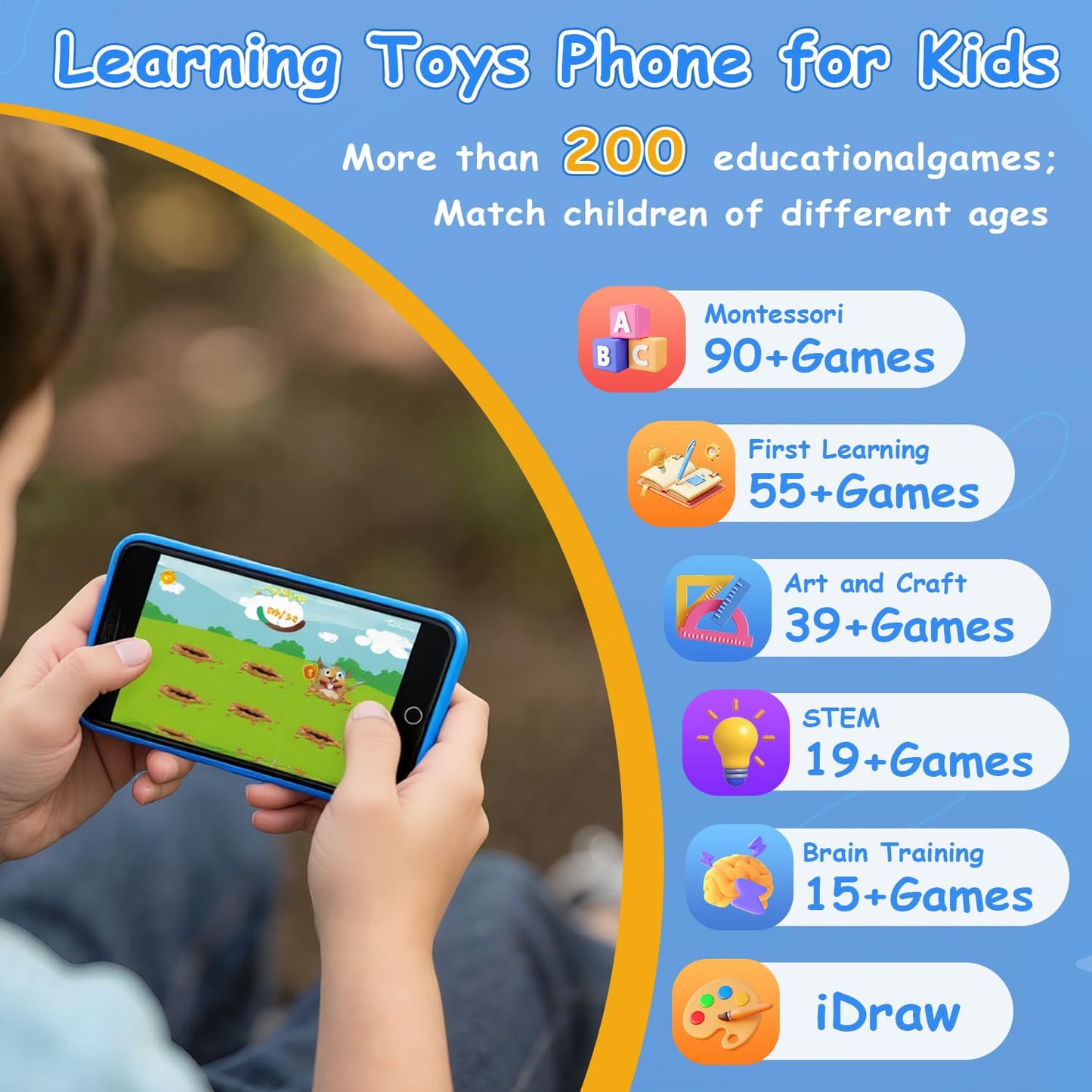 MINIBEAR Kids Toy Smartphone – 3.97-inch Dual Camera Learning Phone with 201+ Educational Games and 32GB SD Card (No WiFi, Blue)