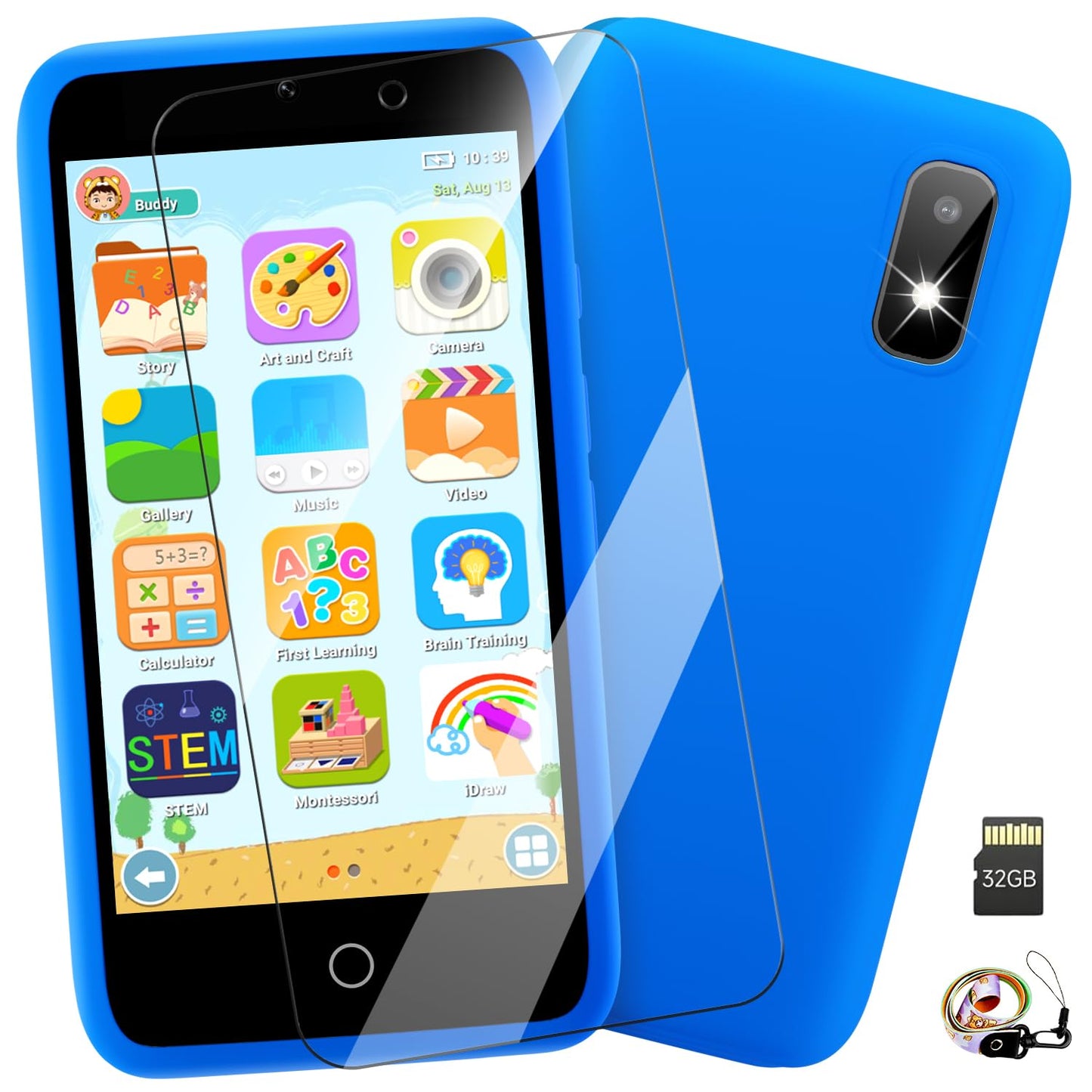 MINIBEAR Kids Toy Smartphone – 3.97-inch Dual Camera Learning Phone with 201+ Educational Games and 32GB SD Card (No WiFi, Blue)