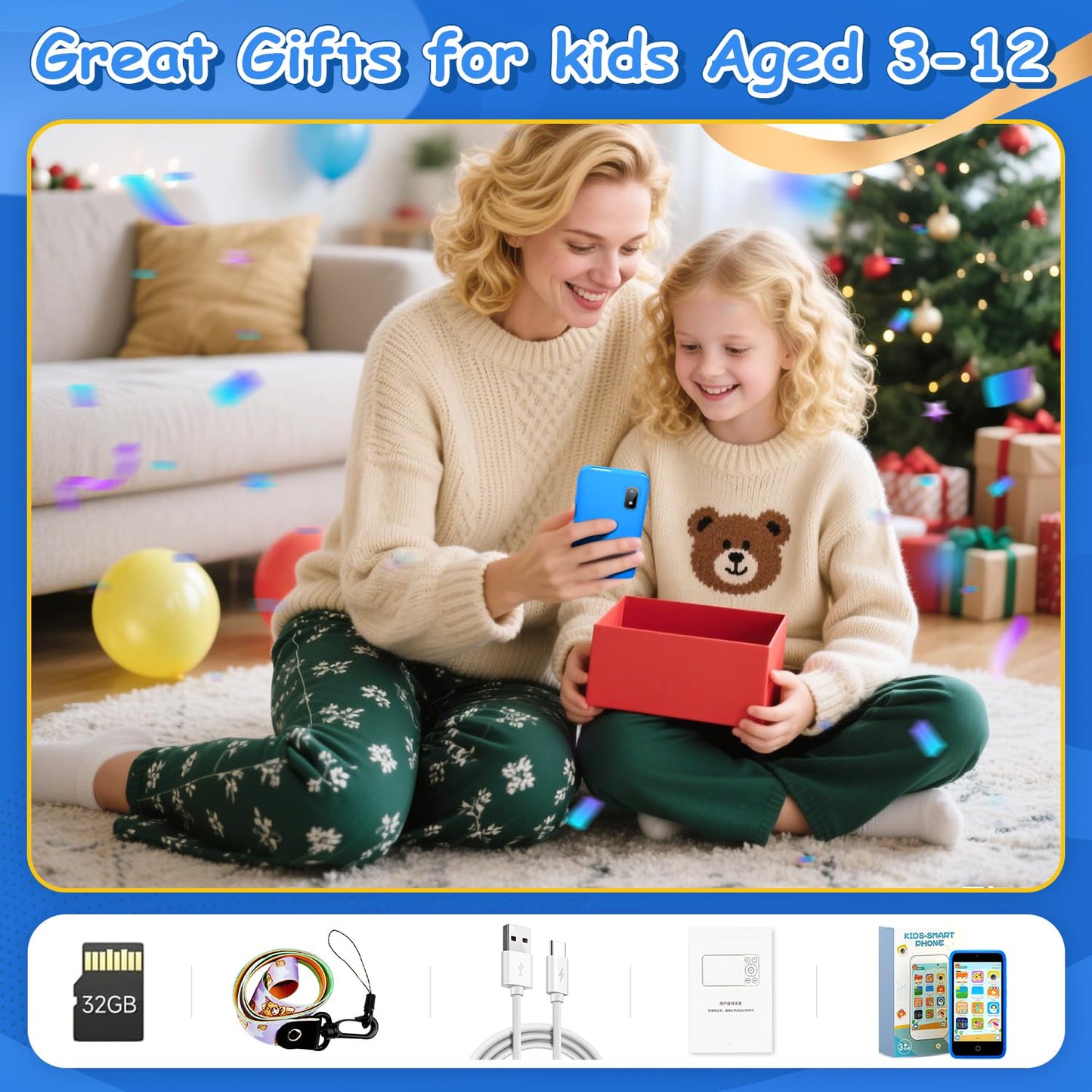 MINIBEAR Kids Toy Smartphone – 3.97-inch Dual Camera Learning Phone with 201+ Educational Games and 32GB SD Card (No WiFi, Blue)