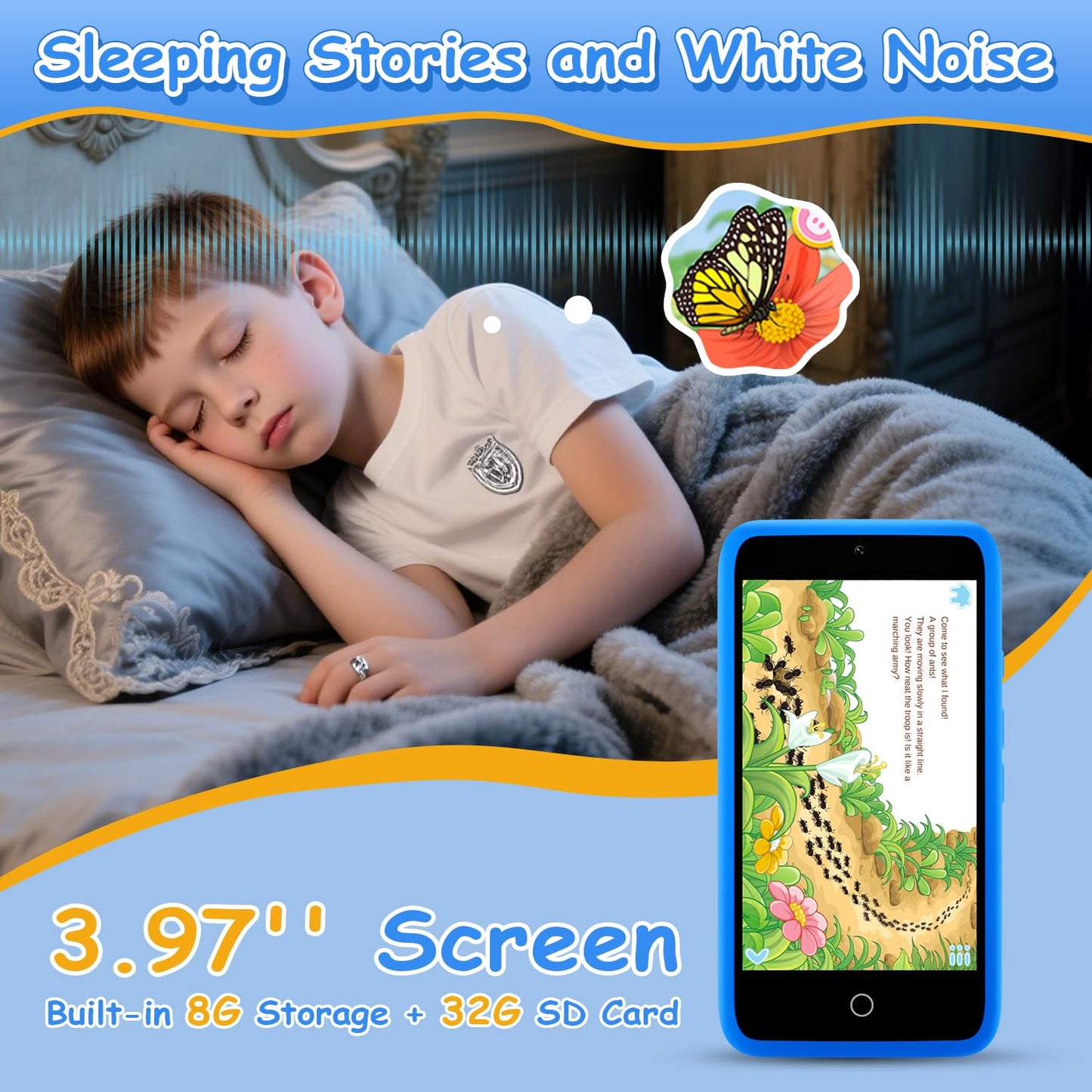 MINIBEAR Kids Toy Smartphone – 3.97-inch Dual Camera Learning Phone with 201+ Educational Games and 32GB SD Card (No WiFi, Blue)