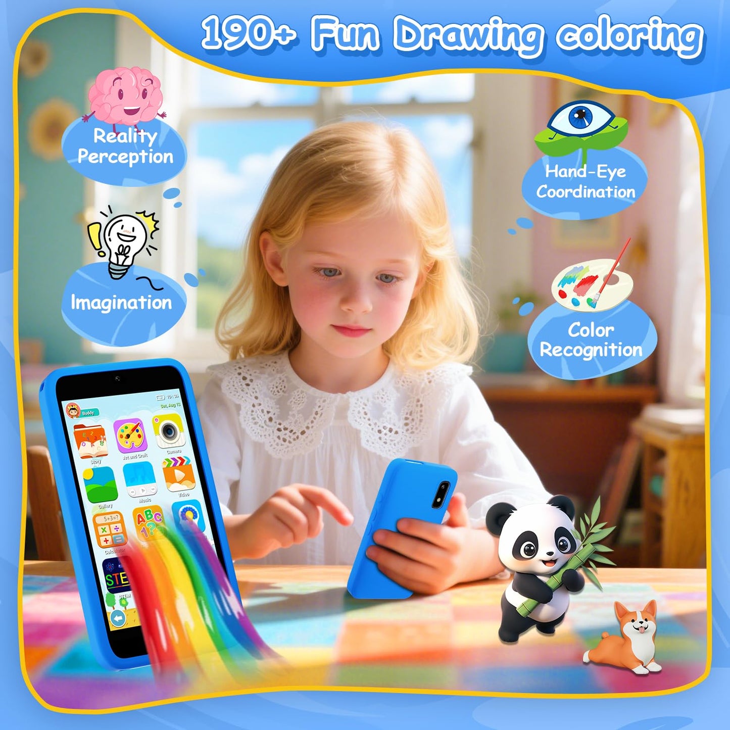 MINIBEAR Kids Toy Smartphone – 3.97-inch Dual Camera Learning Phone with 201+ Educational Games and 32GB SD Card (No WiFi, Blue)