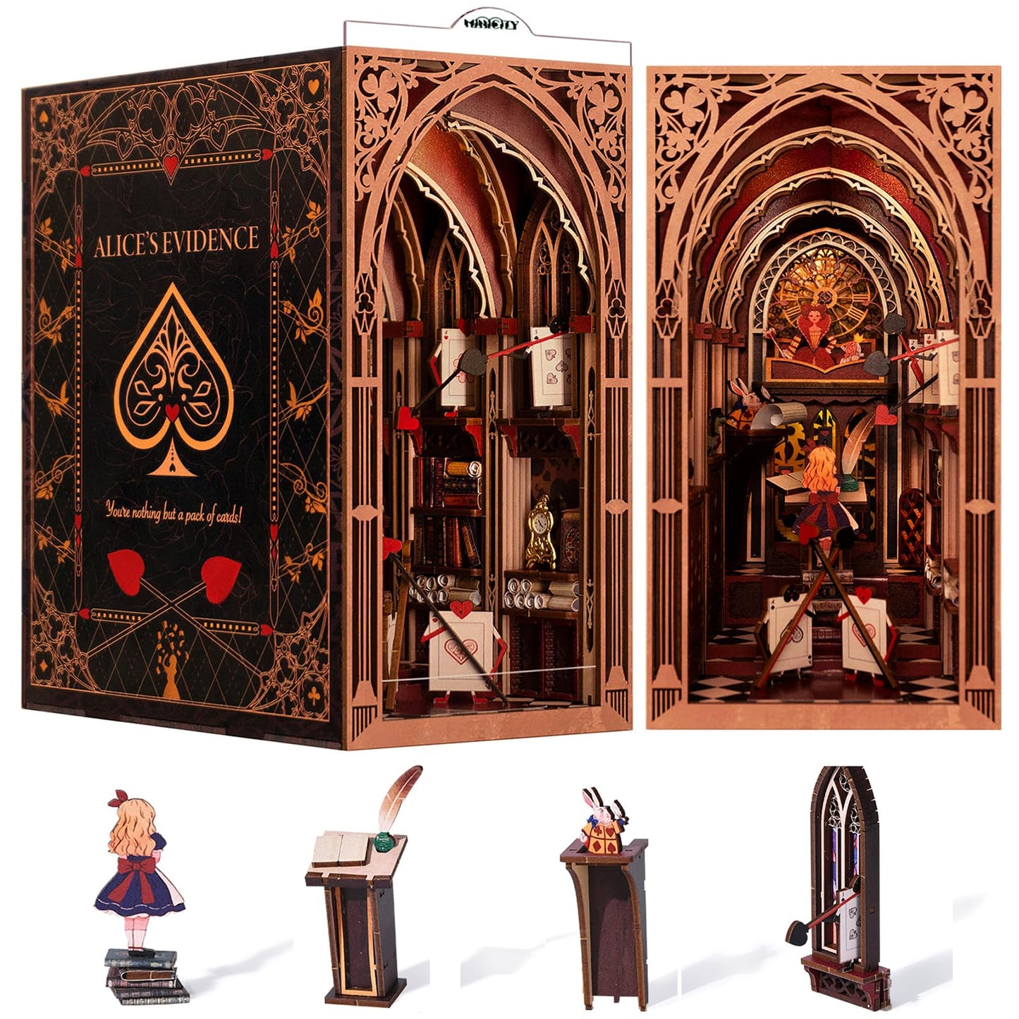 Minicity Book Nook Kit — Alice in Wonderland DIY 3D Wooden Bookend with LED Light