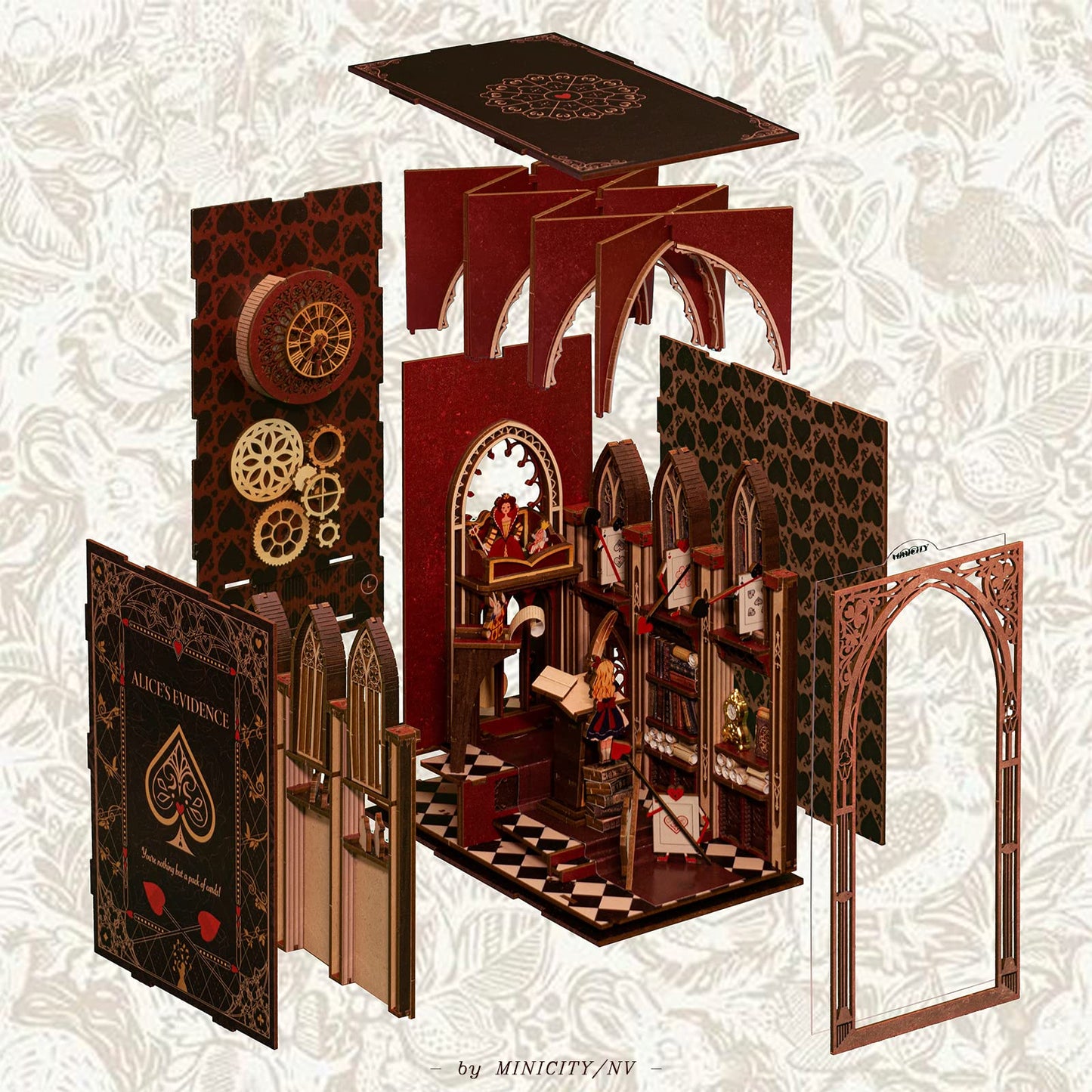 Minicity Book Nook Kit — Alice in Wonderland DIY 3D Wooden Bookend with LED Light