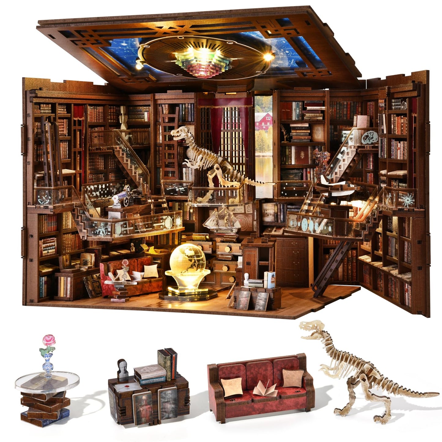 MiniCity DIY Book Nook Kit for Adults – 3D Wooden Puzzle with LED Light & Dust Cover (Beyond Library Max)