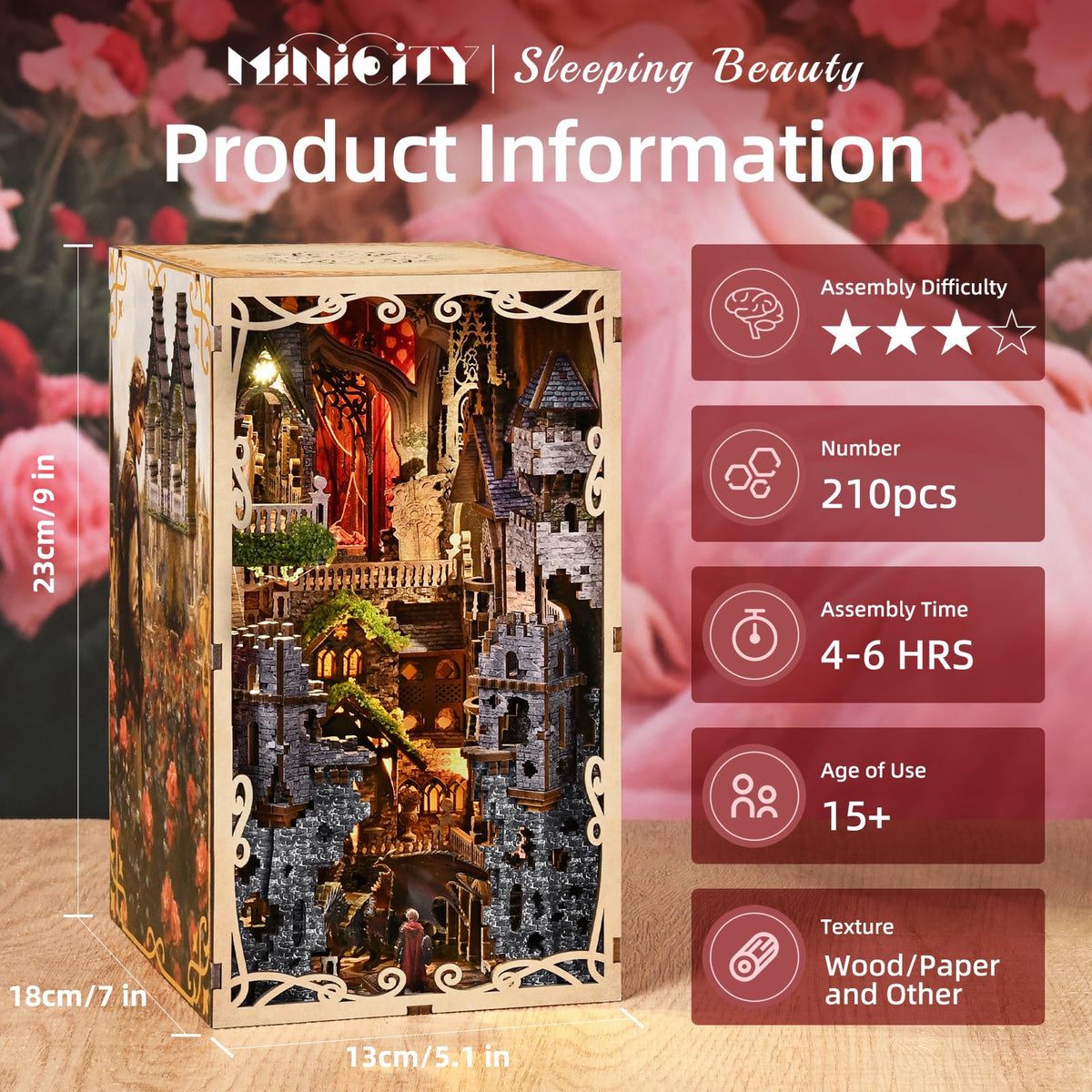MiniCity DIY Book Nook Kit for Adults – Sleeping Beauty 3D Wood Puzzle with LED Light