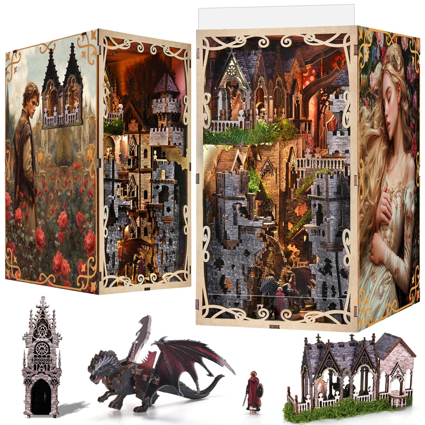 MiniCity DIY Book Nook Kit for Adults – Sleeping Beauty 3D Wood Puzzle with LED Light