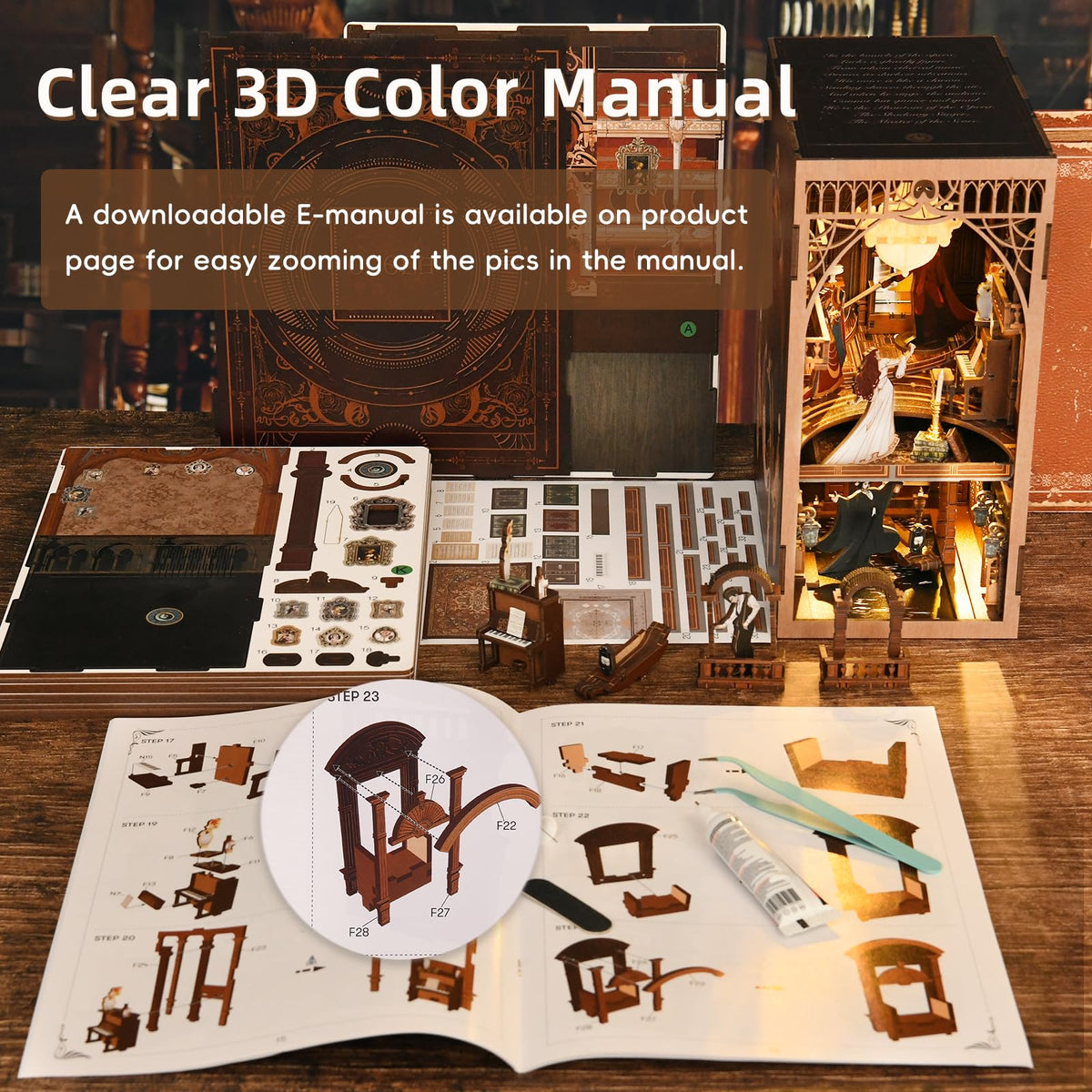 MiniCity Phantom of the Opera DIY Book Nook Kit — LED Lighted 3D Wooden Puzzle Bookend
